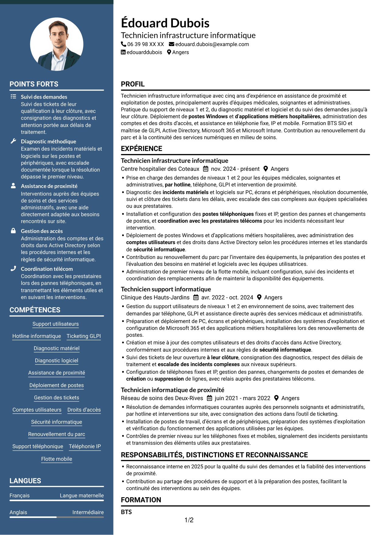 CV Élégant (format à colonne latérale colorée avec photo) : Technicien infrastructure informatique - Support utilisateurs et téléphonie, page 1