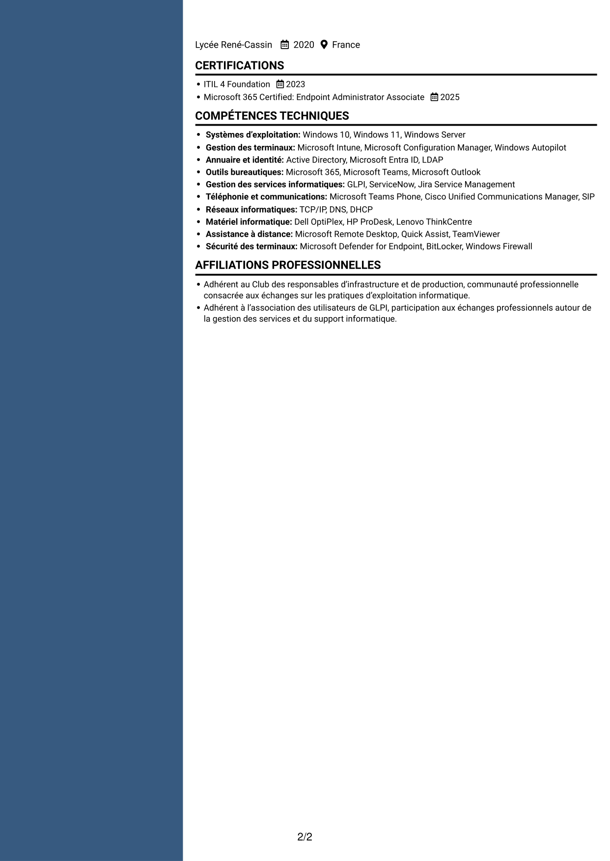 CV Élégant (format à colonne latérale colorée avec photo) : Technicien infrastructure informatique - Support utilisateurs et téléphonie, page 2