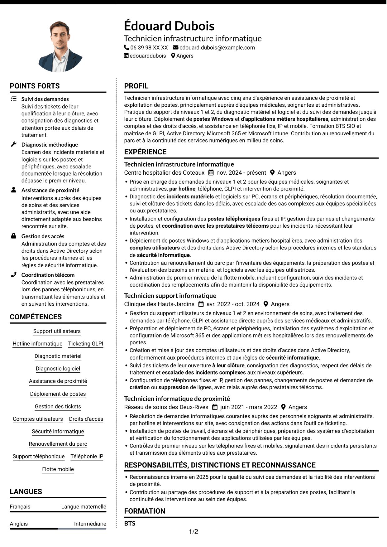 CV Moderne (format à deux colonnes avec photo à gauche et séparateur) : Technicien infrastructure informatique - Support utilisateurs et téléphonie, page 1