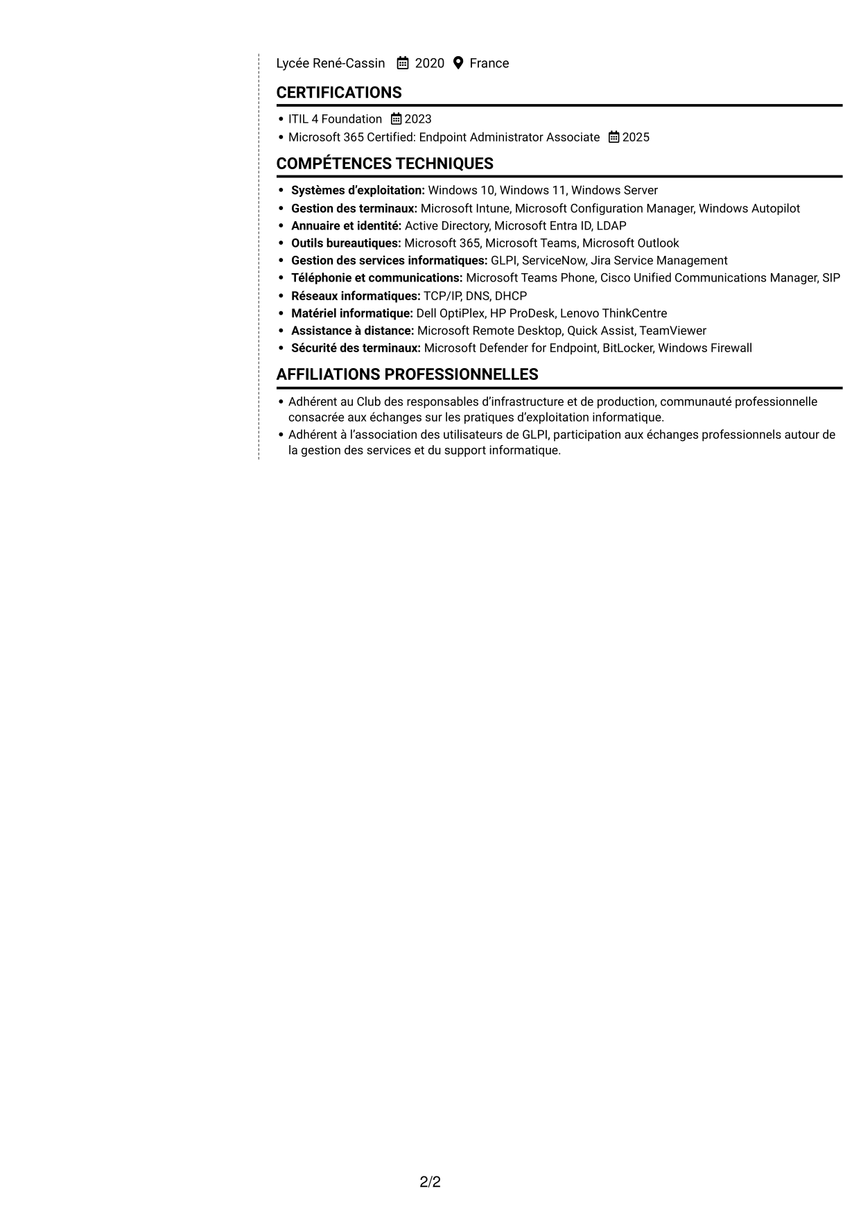 CV Moderne (format à deux colonnes avec photo à gauche et séparateur) : Technicien infrastructure informatique - Support utilisateurs et téléphonie, page 2