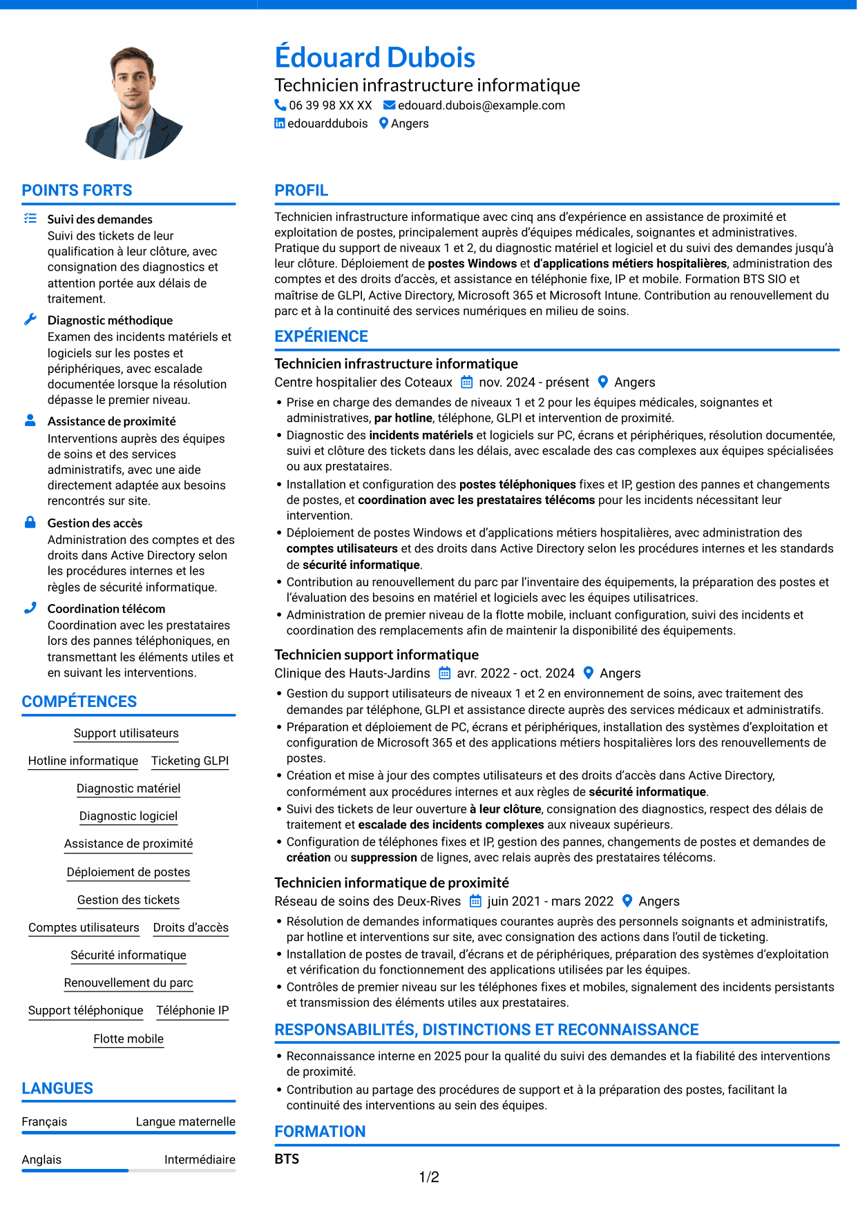 CV Audacieux (format à deux colonnes avec accents colorés et photo) : Technicien infrastructure informatique - Support utilisateurs et téléphonie, page 1