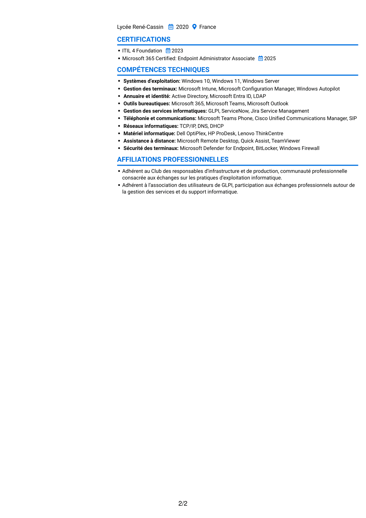 CV Audacieux (format à deux colonnes avec accents colorés et photo) : Technicien infrastructure informatique - Support utilisateurs et téléphonie, page 2