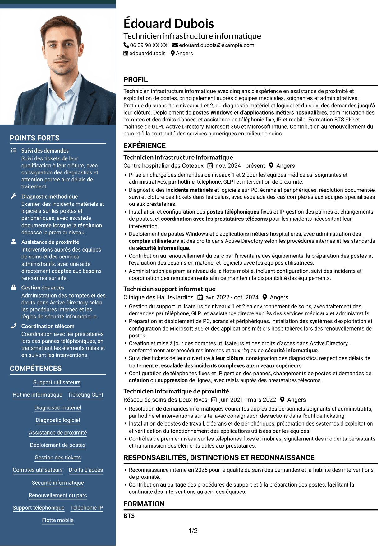 CV Signature (format à colonne latérale colorée avec grande photo) : Technicien infrastructure informatique - Support utilisateurs et téléphonie, page 1