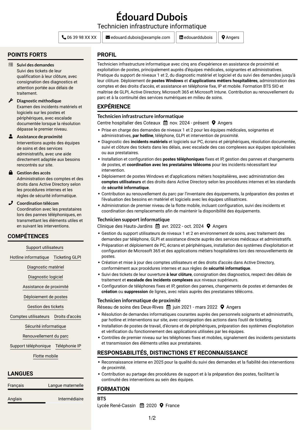 CV Fonceur (format à deux colonnes avec en-tête centré sans photo) : Technicien infrastructure informatique - Support utilisateurs et téléphonie, page 1