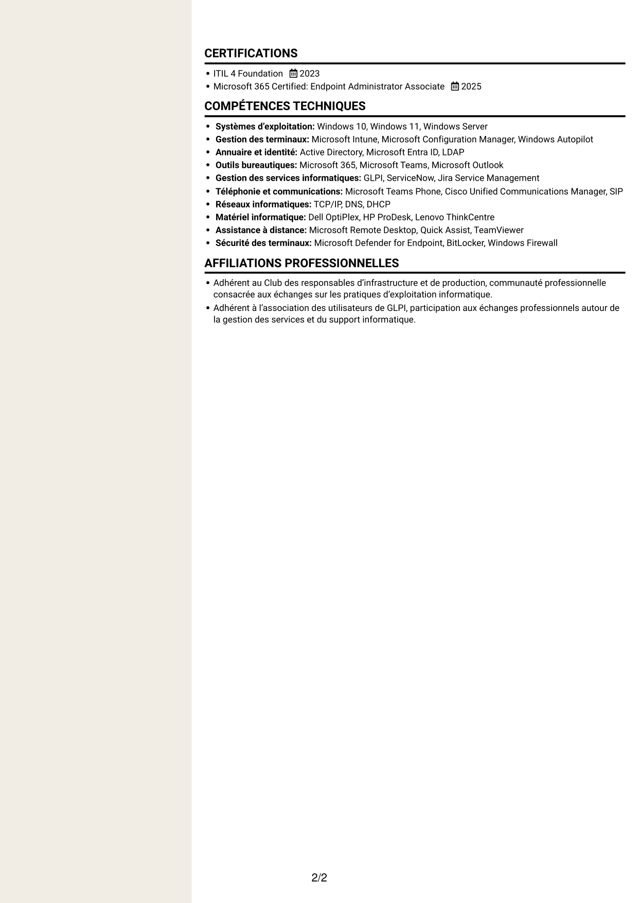 CV Fonceur (format à deux colonnes avec en-tête centré sans photo) : Technicien infrastructure informatique - Support utilisateurs et téléphonie, page 2