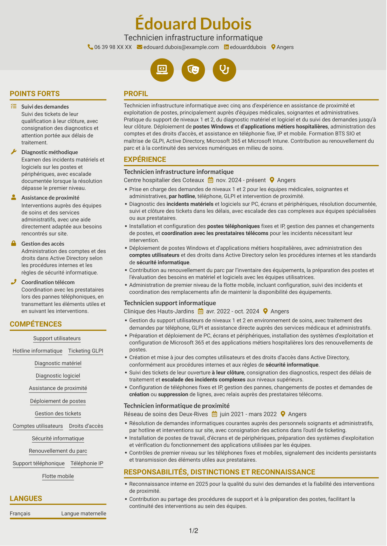 CV Dynamique (format à deux colonnes avec icônes) : Technicien infrastructure informatique - Support utilisateurs et téléphonie, page 1