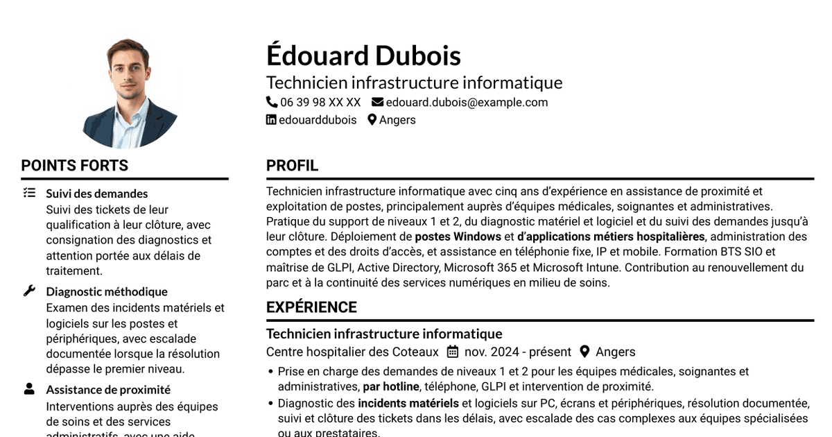 7 modèles de CV pour Technicien infrastructure informatique - Support utilisateurs et téléphonie, avec exemples