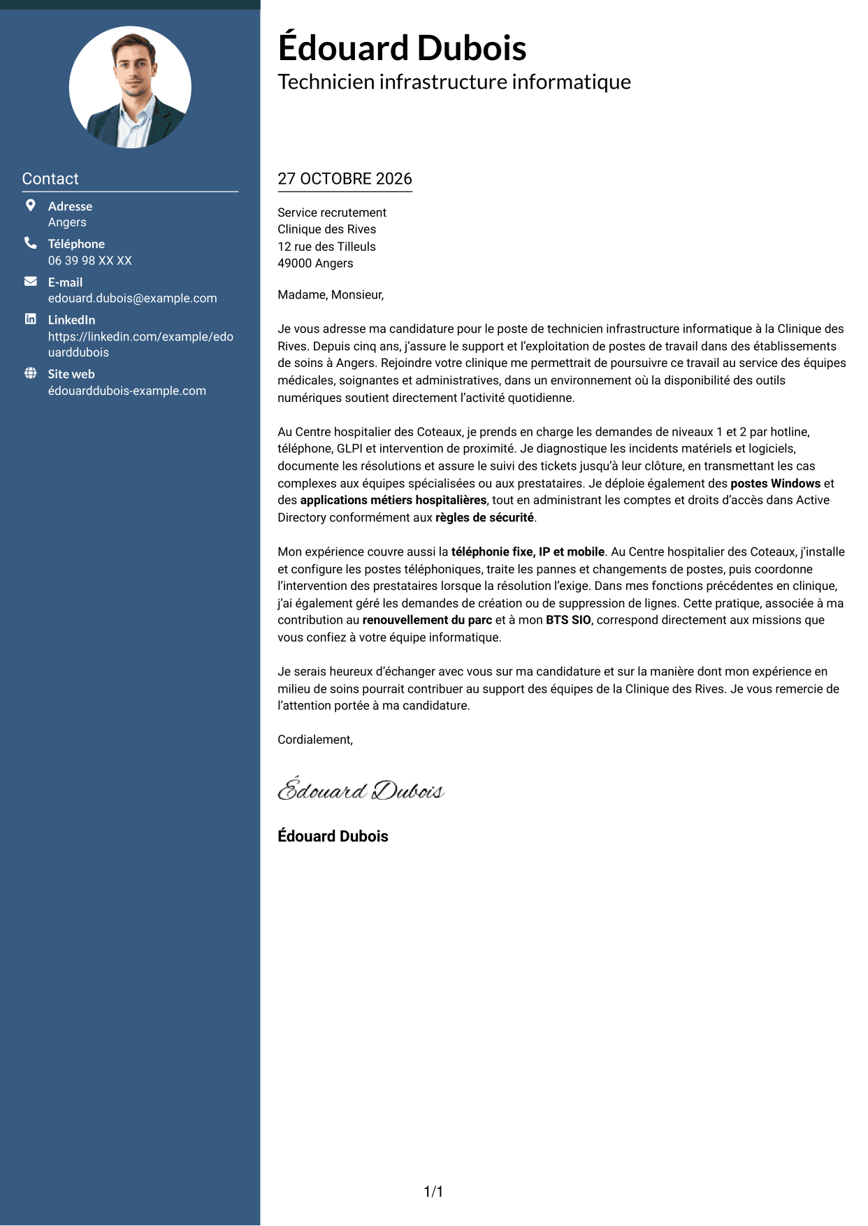 Lettre de motivation Élégant (format à colonne latérale colorée avec photo) : Technicien infrastructure informatique - Support utilisateurs et téléphonie, page 1