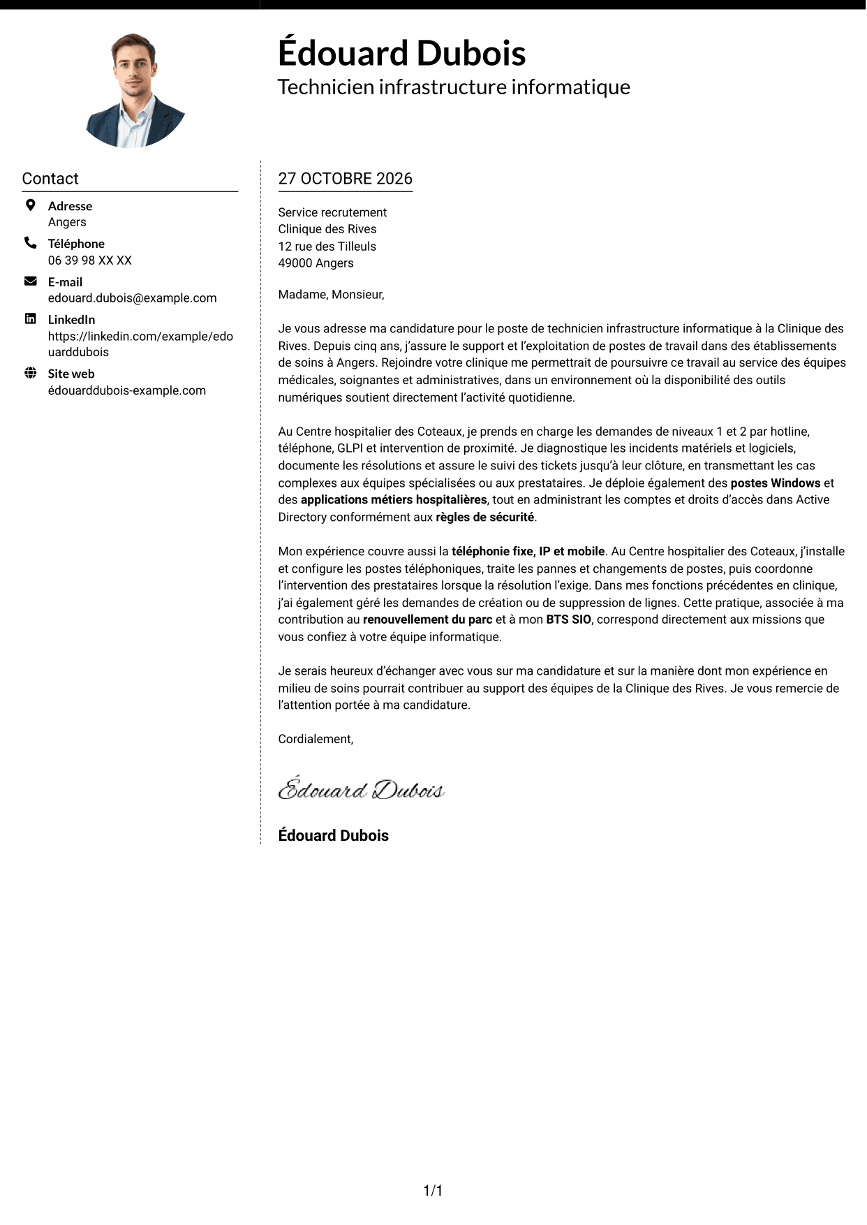 Lettre de motivation Moderne (format à deux colonnes avec photo à gauche et séparateur) : Technicien infrastructure informatique - Support utilisateurs et téléphonie, page 1