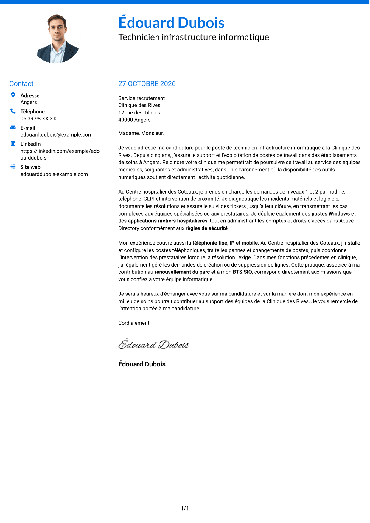 Lettre de motivation Audacieux (format à deux colonnes avec accents colorés et photo) : Technicien infrastructure informatique - Support utilisateurs et téléphonie, page 1