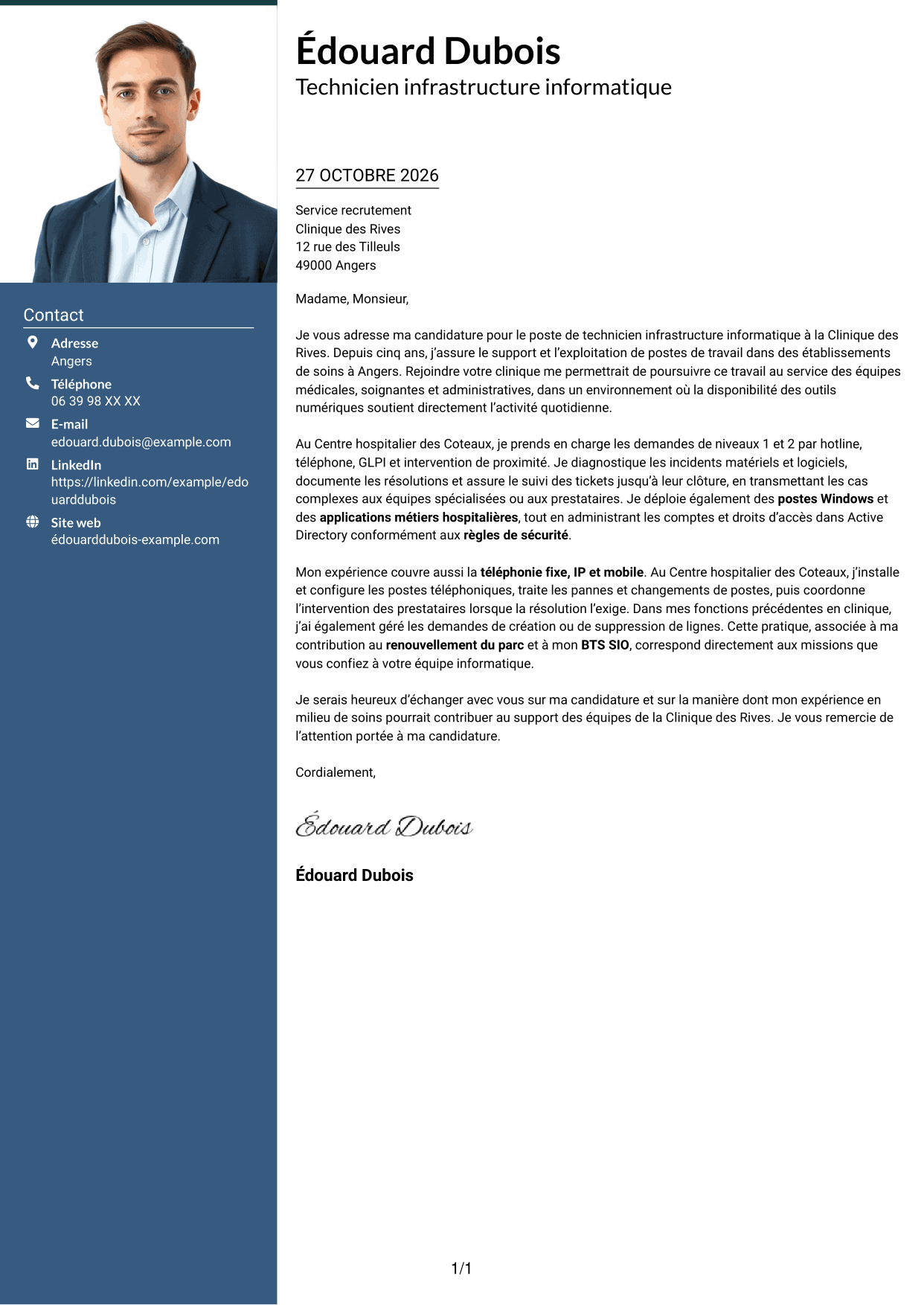 Lettre de motivation Signature (format à colonne latérale colorée avec grande photo) : Technicien infrastructure informatique - Support utilisateurs et téléphonie, page 1