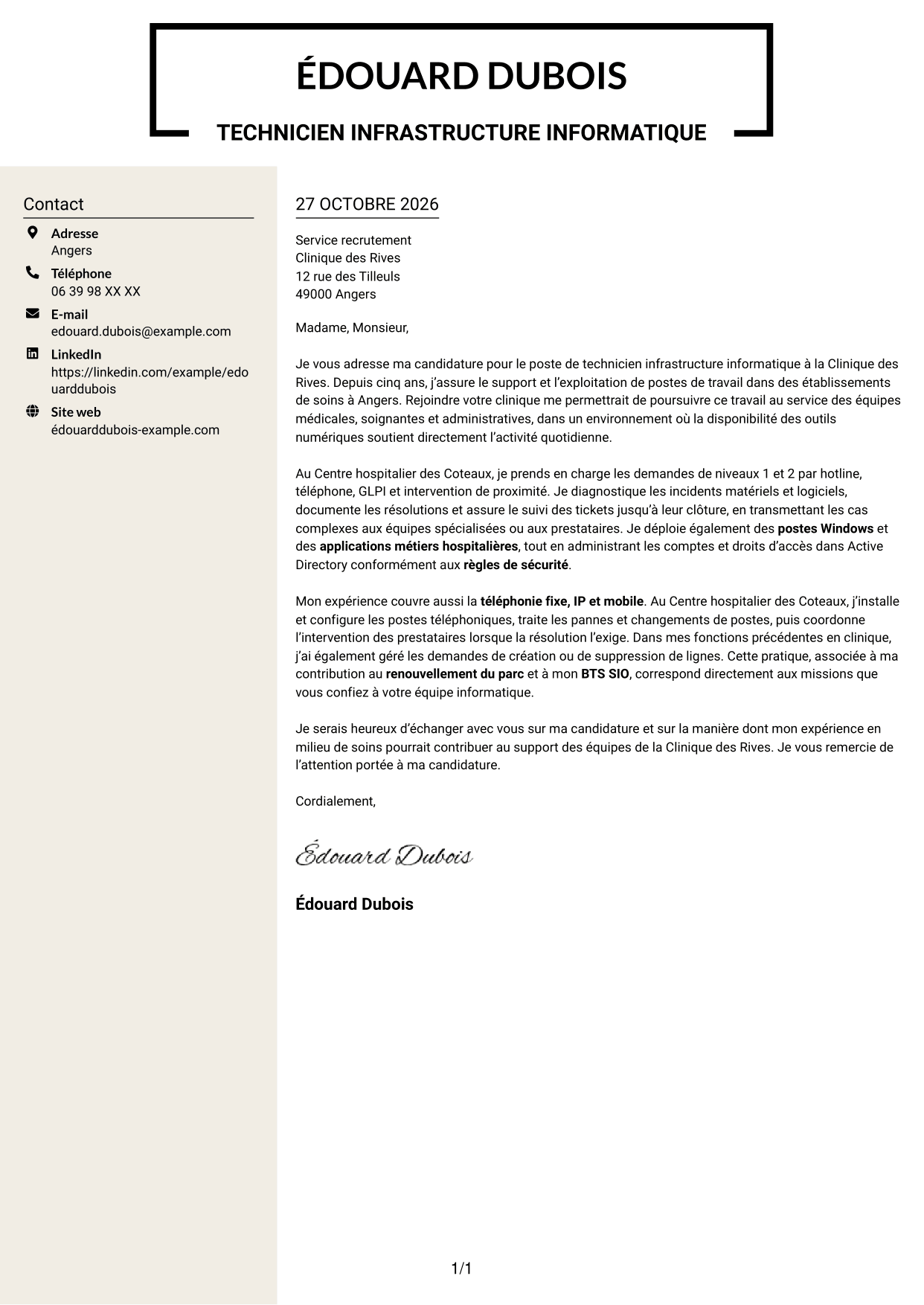 Lettre de motivation Fonceur (format à deux colonnes avec en-tête centré sans photo) : Technicien infrastructure informatique - Support utilisateurs et téléphonie, page 1