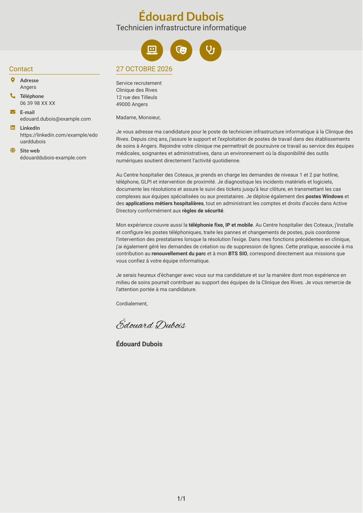 Lettre de motivation Dynamique (format à deux colonnes avec icônes) : Technicien infrastructure informatique - Support utilisateurs et téléphonie, page 1