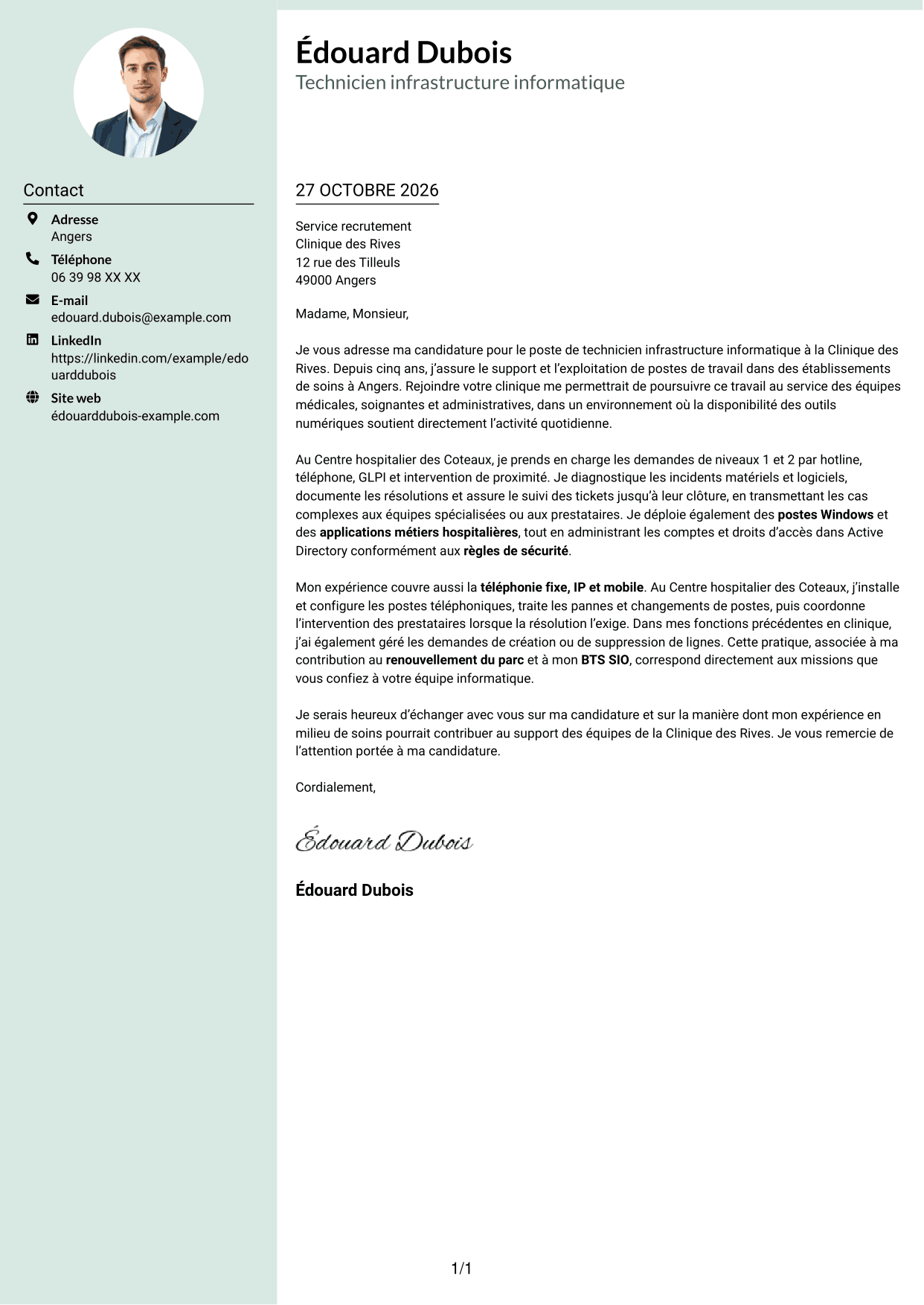 Lettre de motivation Cadre (format à colonne latérale douce avec photo arrondie) : Technicien infrastructure informatique - Support utilisateurs et téléphonie, page 1