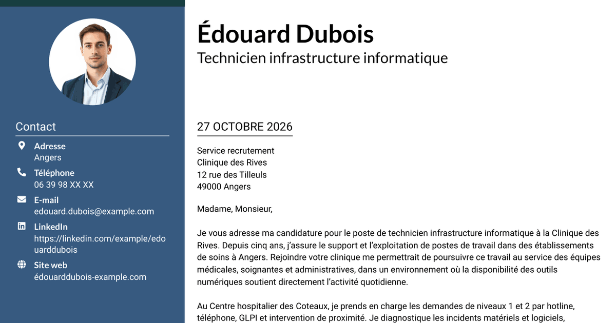 7 modèles de lettre de motivation pour Technicien infrastructure informatique - Support utilisateurs et téléphonie, avec exemples