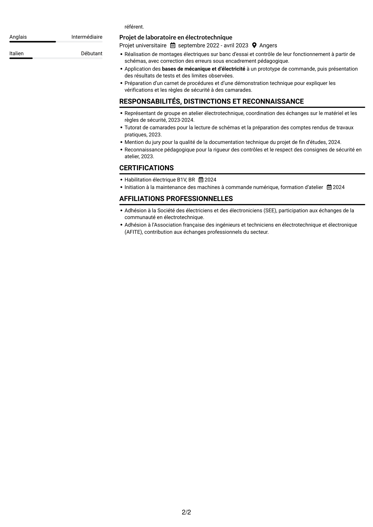CV Compact (format sobre à deux colonnes avec photo) : Technicien itinérant machines-outils débutant, page 2