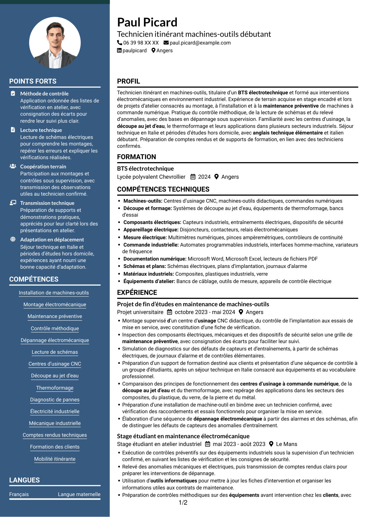 CV Élégant (format à colonne latérale colorée avec photo) : Technicien itinérant machines-outils débutant, page 1