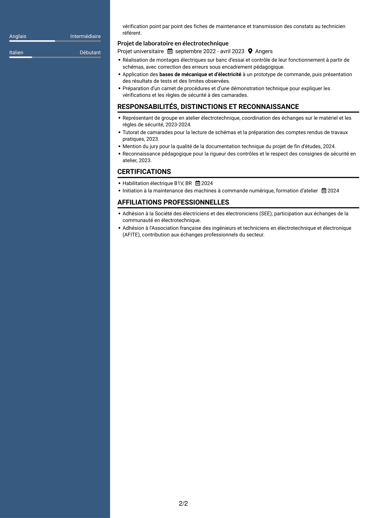 CV Élégant (format à colonne latérale colorée avec photo) : Technicien itinérant machines-outils débutant, page 2