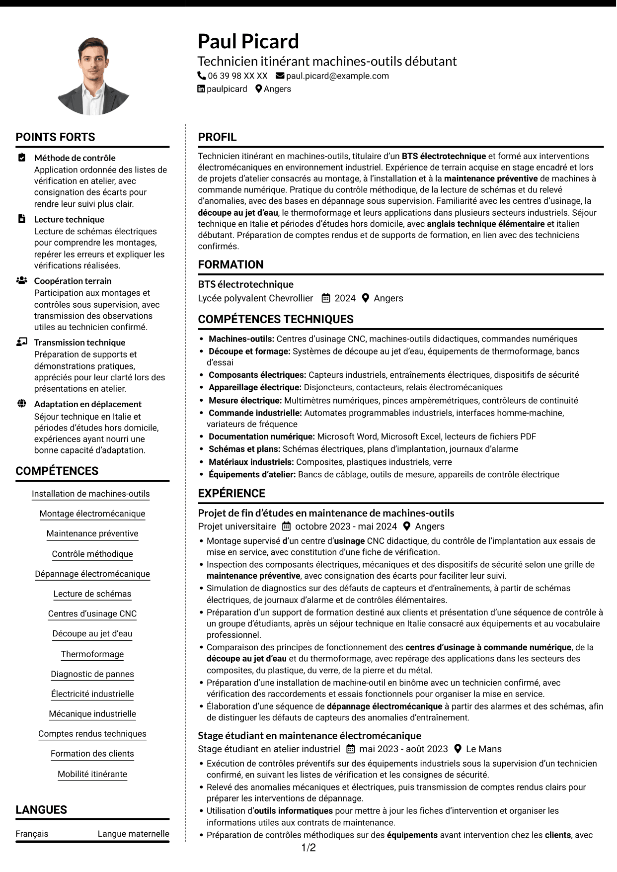 CV Moderne (format à deux colonnes avec photo à gauche et séparateur) : Technicien itinérant machines-outils débutant, page 1