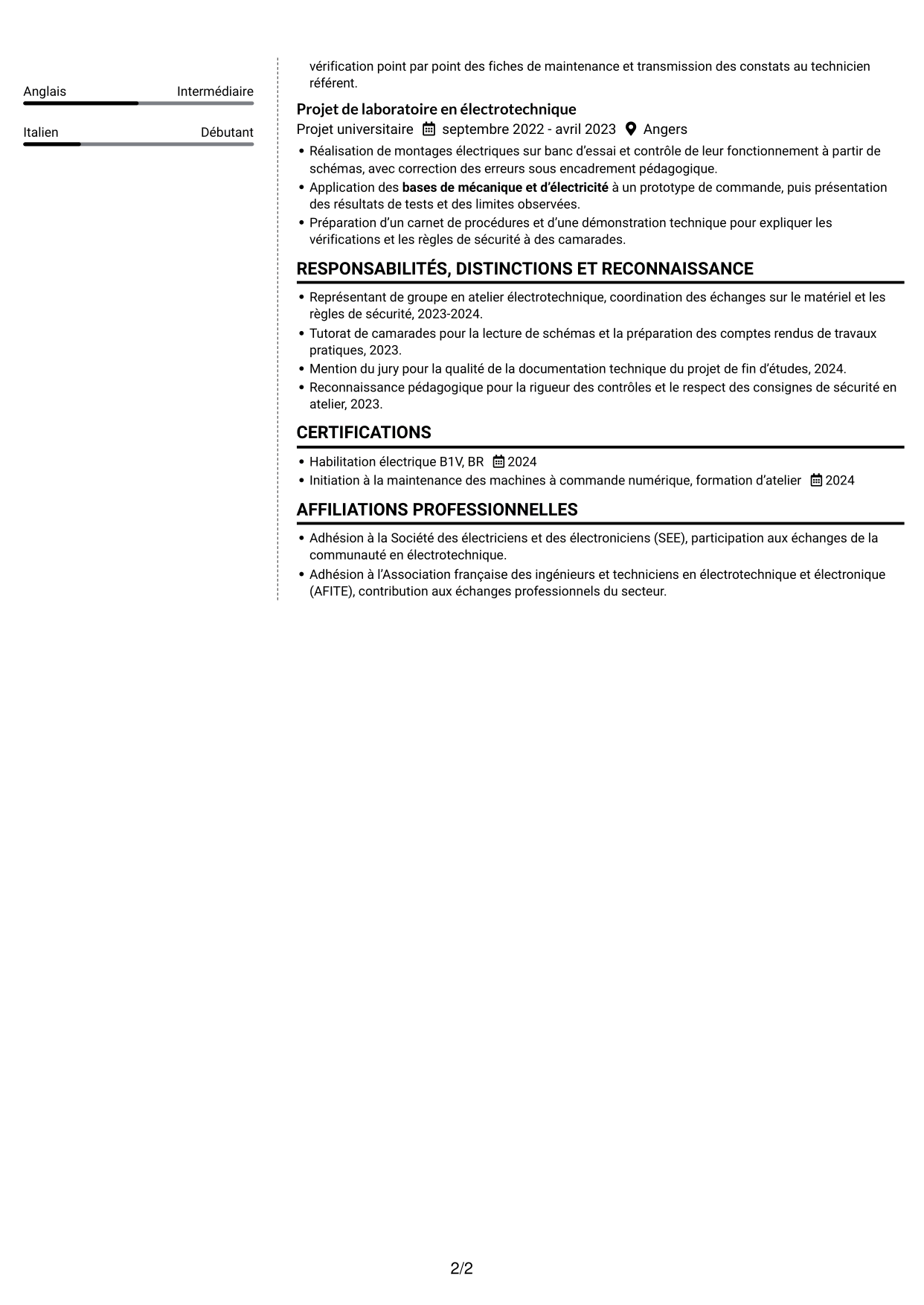 CV Moderne (format à deux colonnes avec photo à gauche et séparateur) : Technicien itinérant machines-outils débutant, page 2