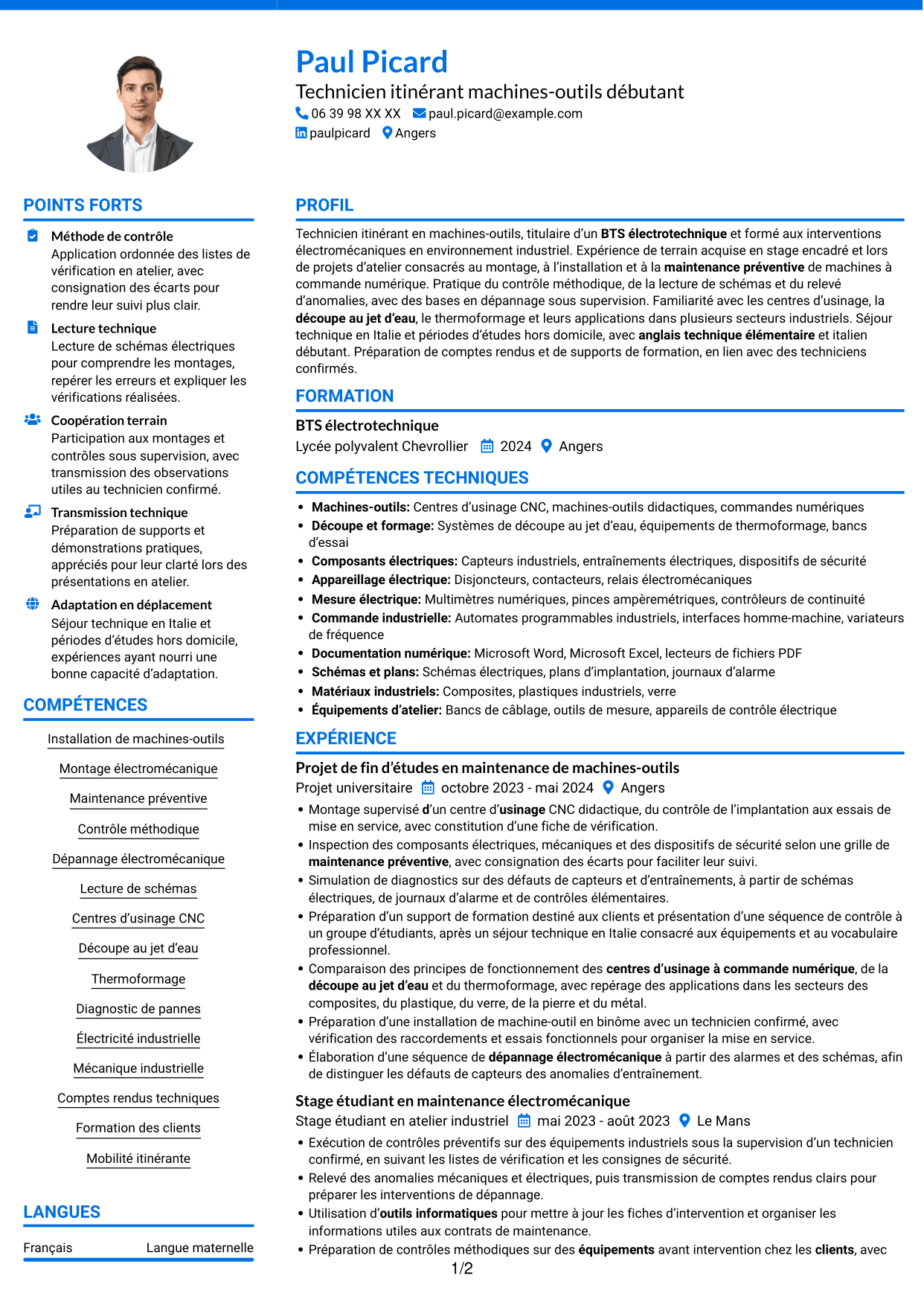 CV Audacieux (format à deux colonnes avec accents colorés et photo) : Technicien itinérant machines-outils débutant, page 1