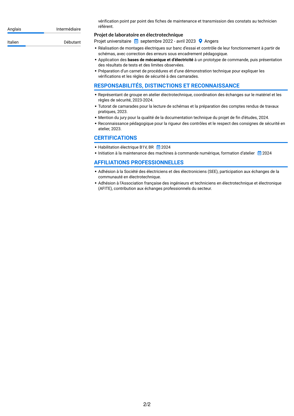 CV Audacieux (format à deux colonnes avec accents colorés et photo) : Technicien itinérant machines-outils débutant, page 2