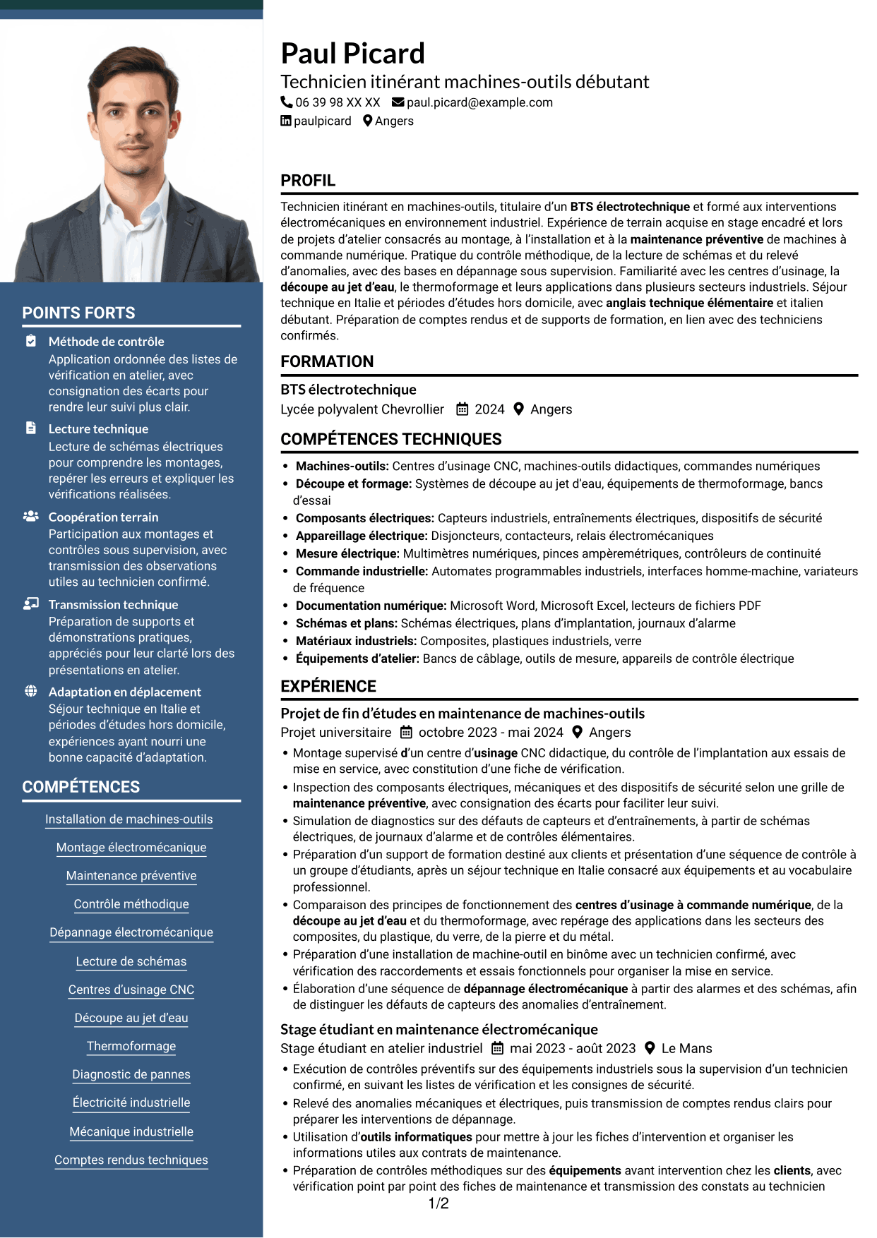CV Signature (format à colonne latérale colorée avec grande photo) : Technicien itinérant machines-outils débutant, page 1