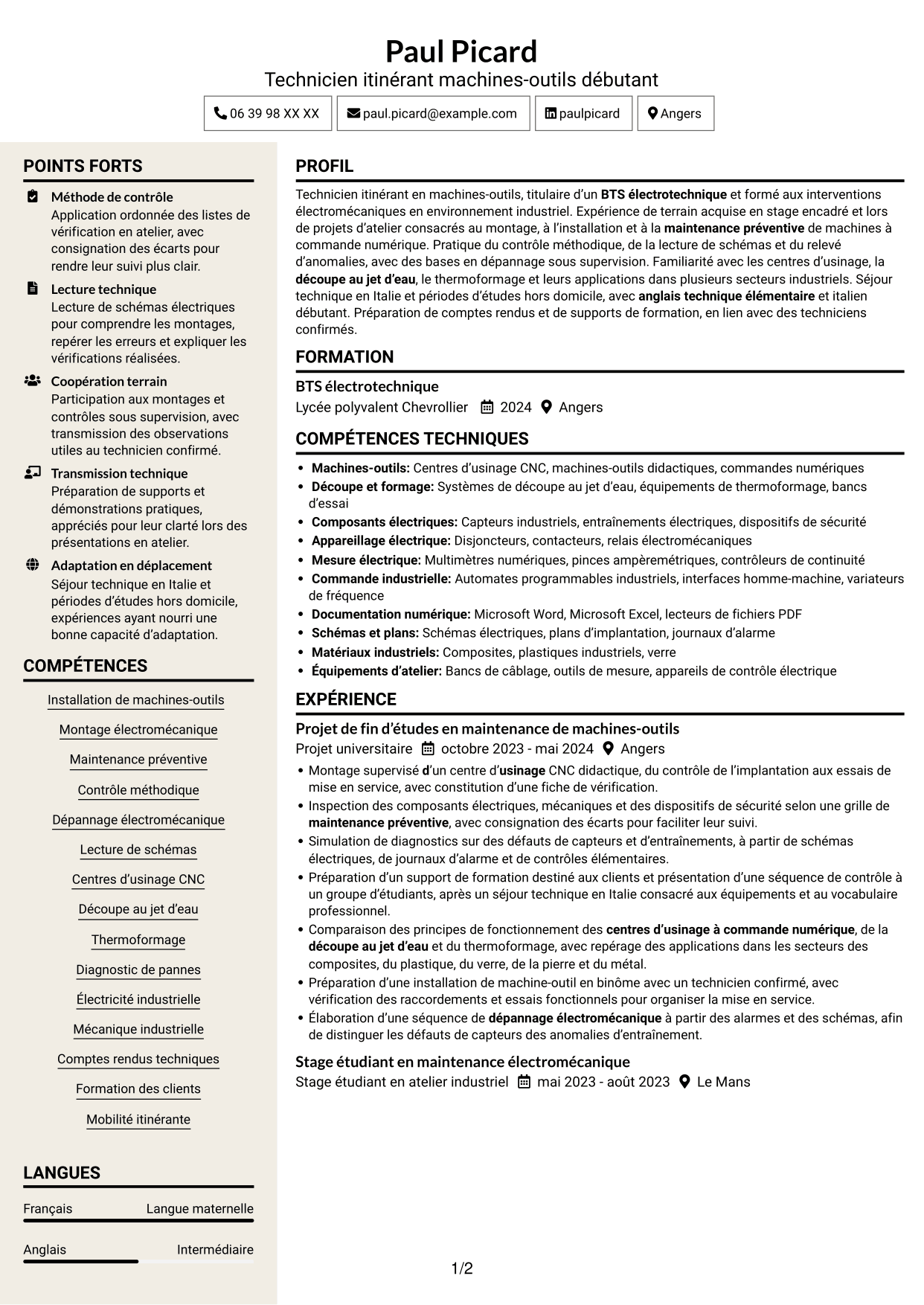 CV Fonceur (format à deux colonnes avec en-tête centré sans photo) : Technicien itinérant machines-outils débutant, page 1