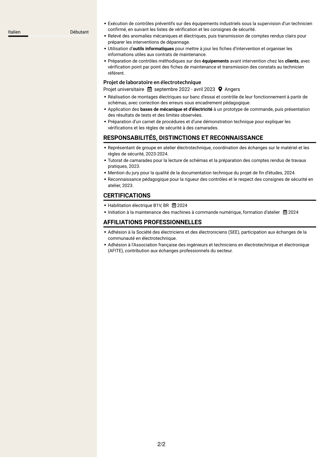 CV Fonceur (format à deux colonnes avec en-tête centré sans photo) : Technicien itinérant machines-outils débutant, page 2