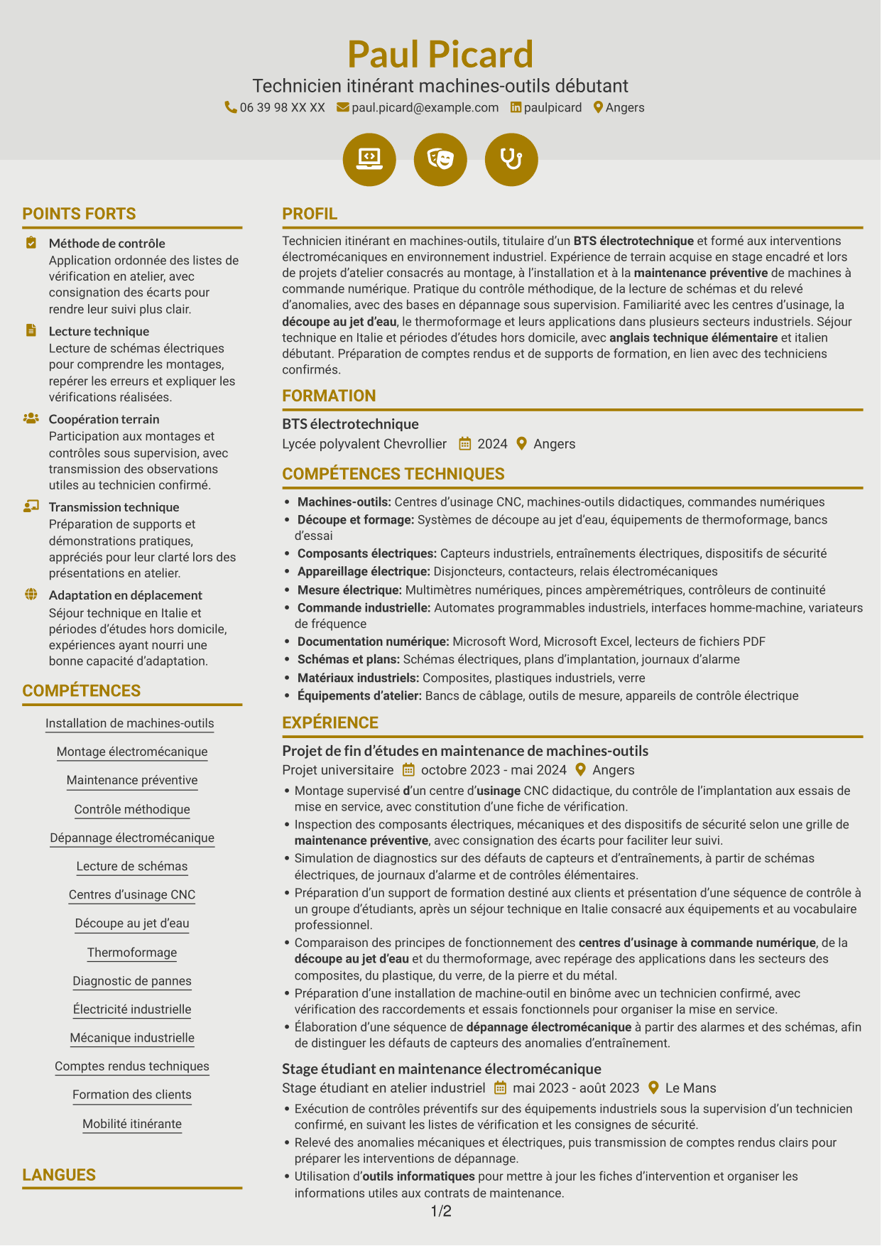 CV Dynamique (format à deux colonnes avec icônes) : Technicien itinérant machines-outils débutant, page 1