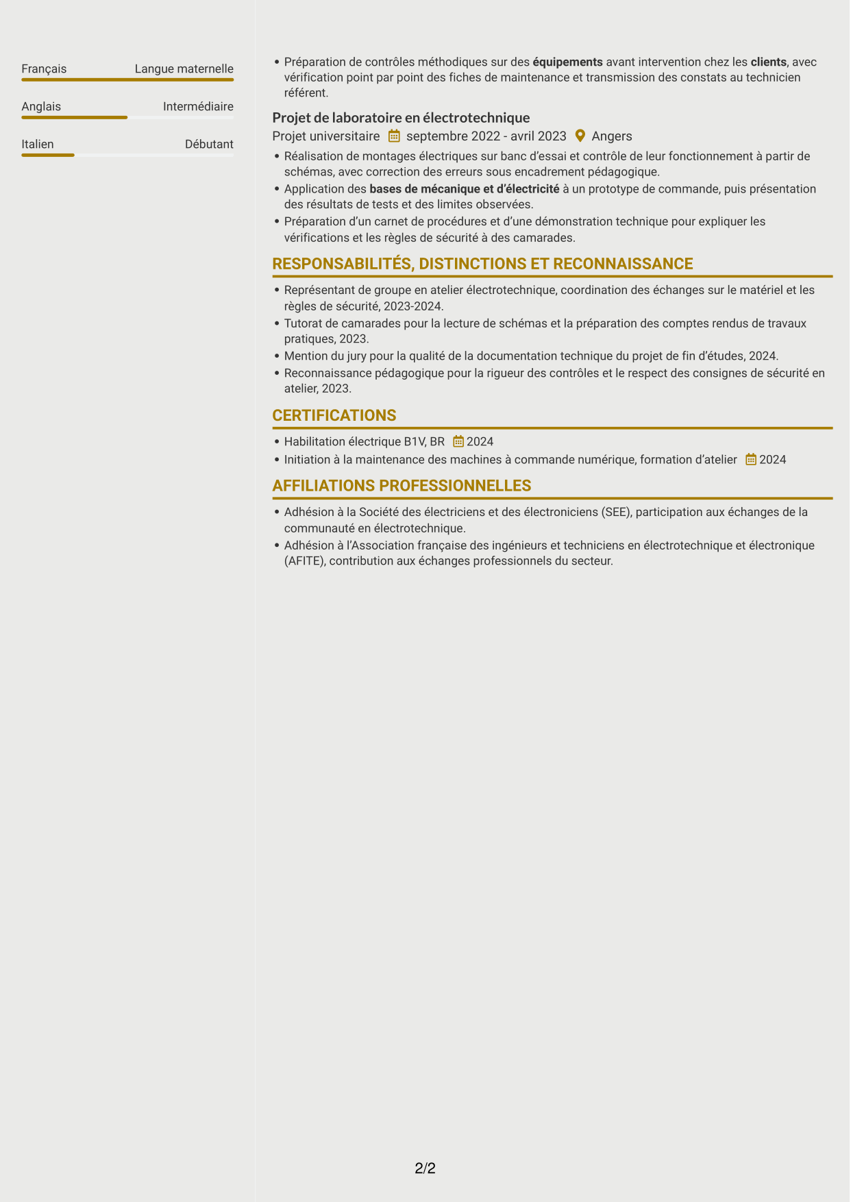 CV Dynamique (format à deux colonnes avec icônes) : Technicien itinérant machines-outils débutant, page 2