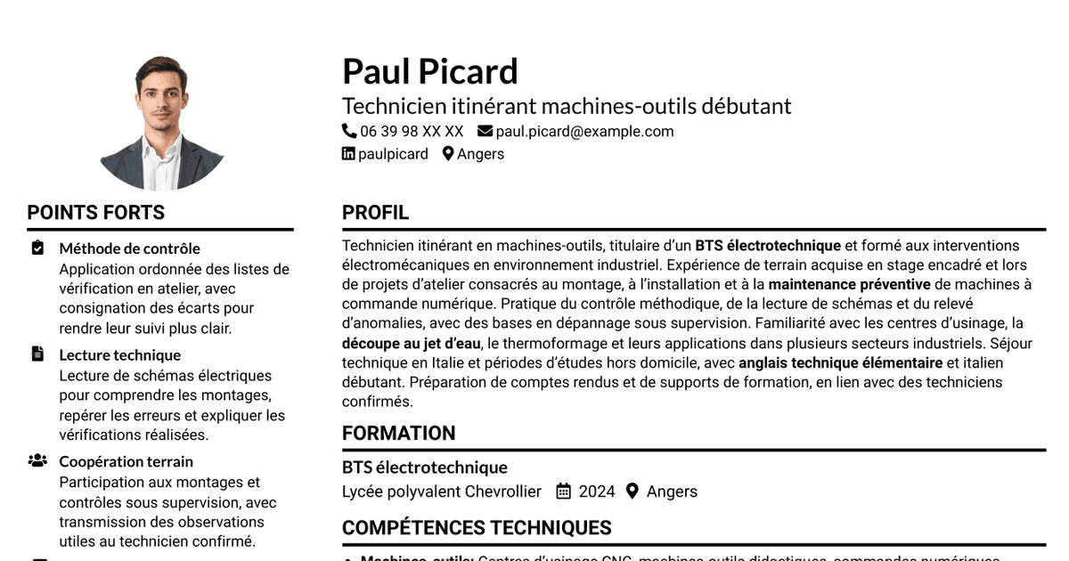 7 modèles de CV pour Technicien itinérant machines-outils débutant, avec exemples