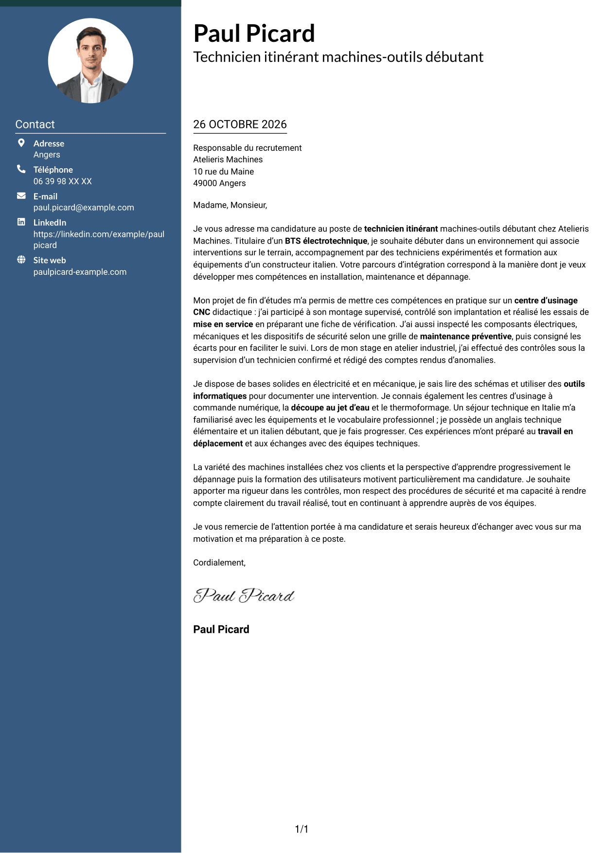Lettre de motivation Élégant (format à colonne latérale colorée avec photo) : Technicien itinérant machines-outils débutant, page 1