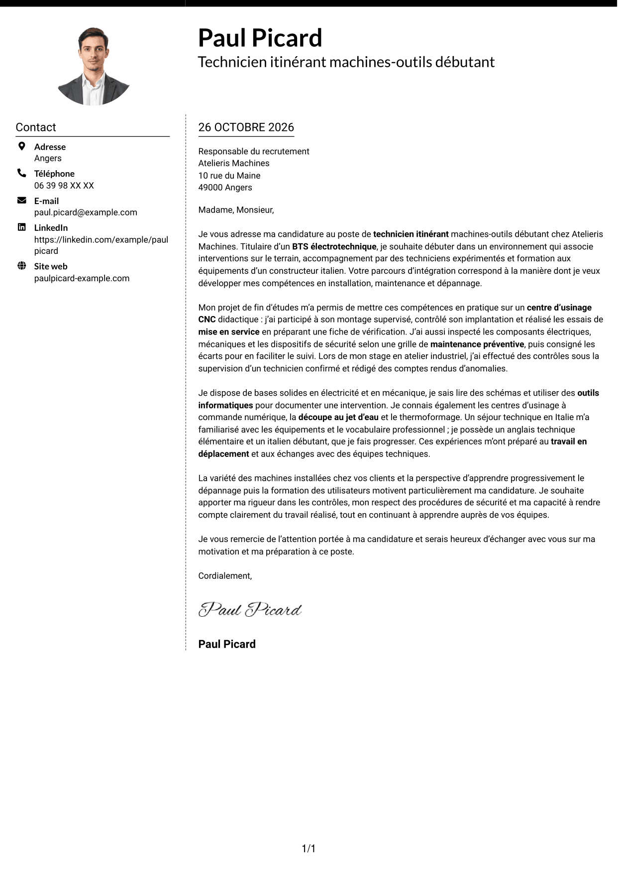 Lettre de motivation Moderne (format à deux colonnes avec photo à gauche et séparateur) : Technicien itinérant machines-outils débutant, page 1