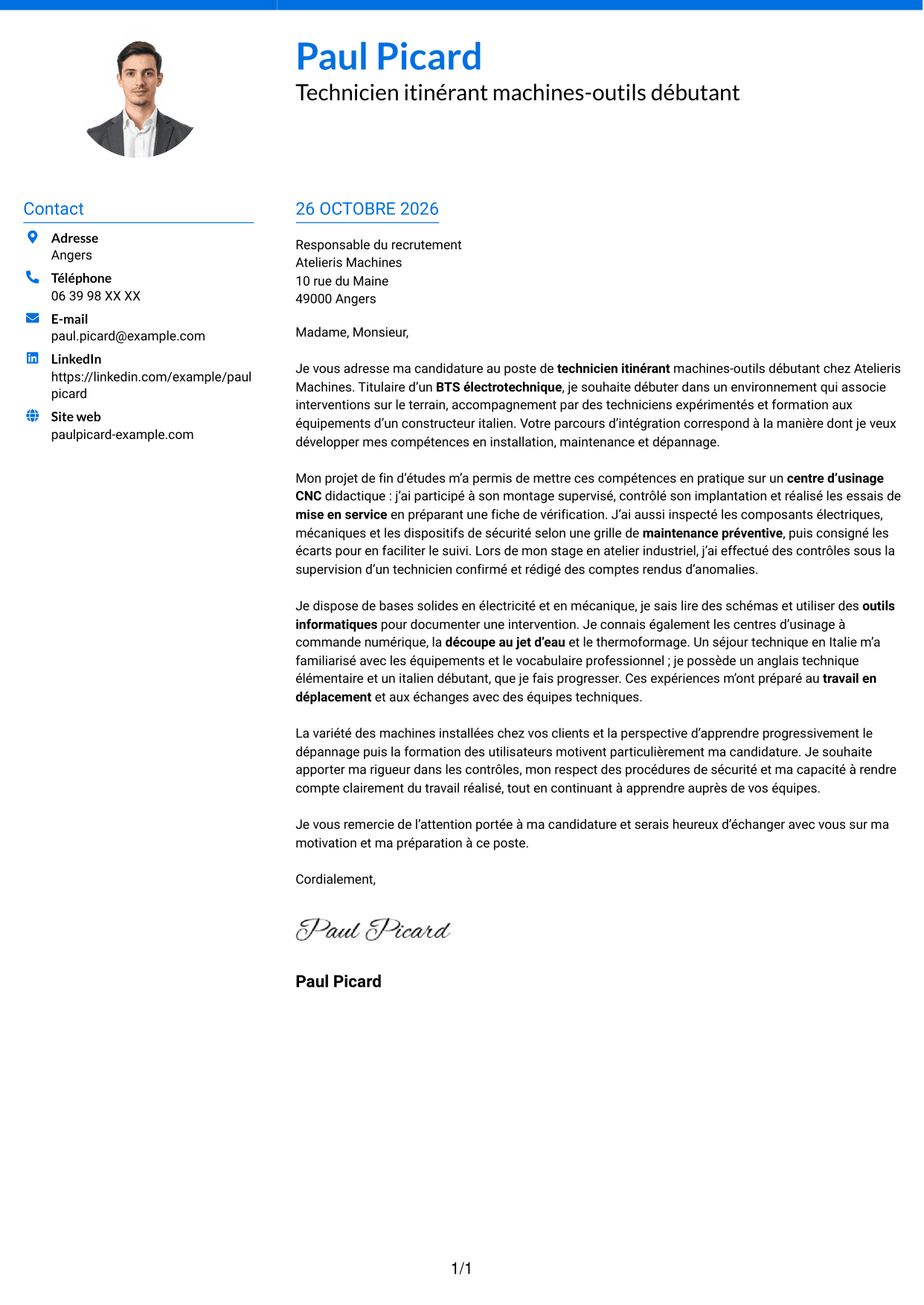 Lettre de motivation Audacieux (format à deux colonnes avec accents colorés et photo) : Technicien itinérant machines-outils débutant, page 1
