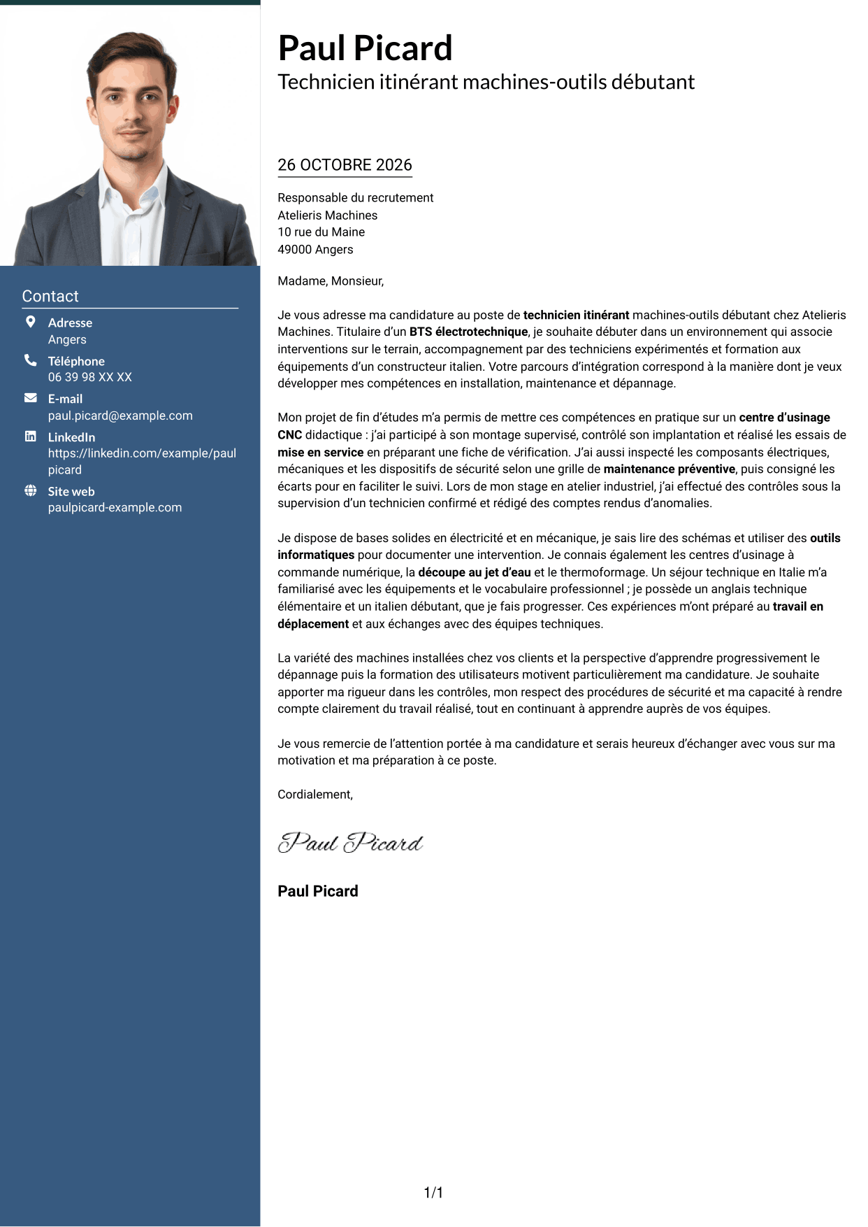 Lettre de motivation Signature (format à colonne latérale colorée avec grande photo) : Technicien itinérant machines-outils débutant, page 1