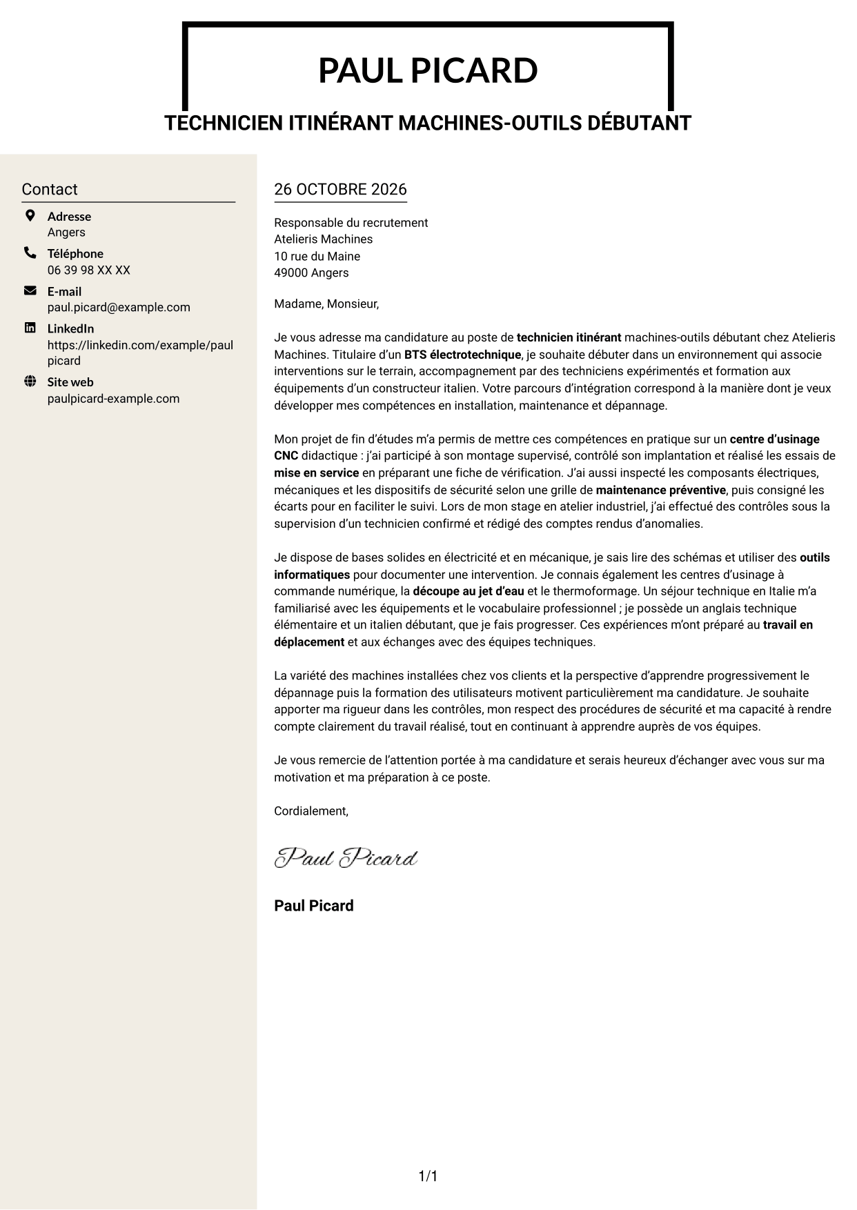 Lettre de motivation Fonceur (format à deux colonnes avec en-tête centré sans photo) : Technicien itinérant machines-outils débutant, page 1