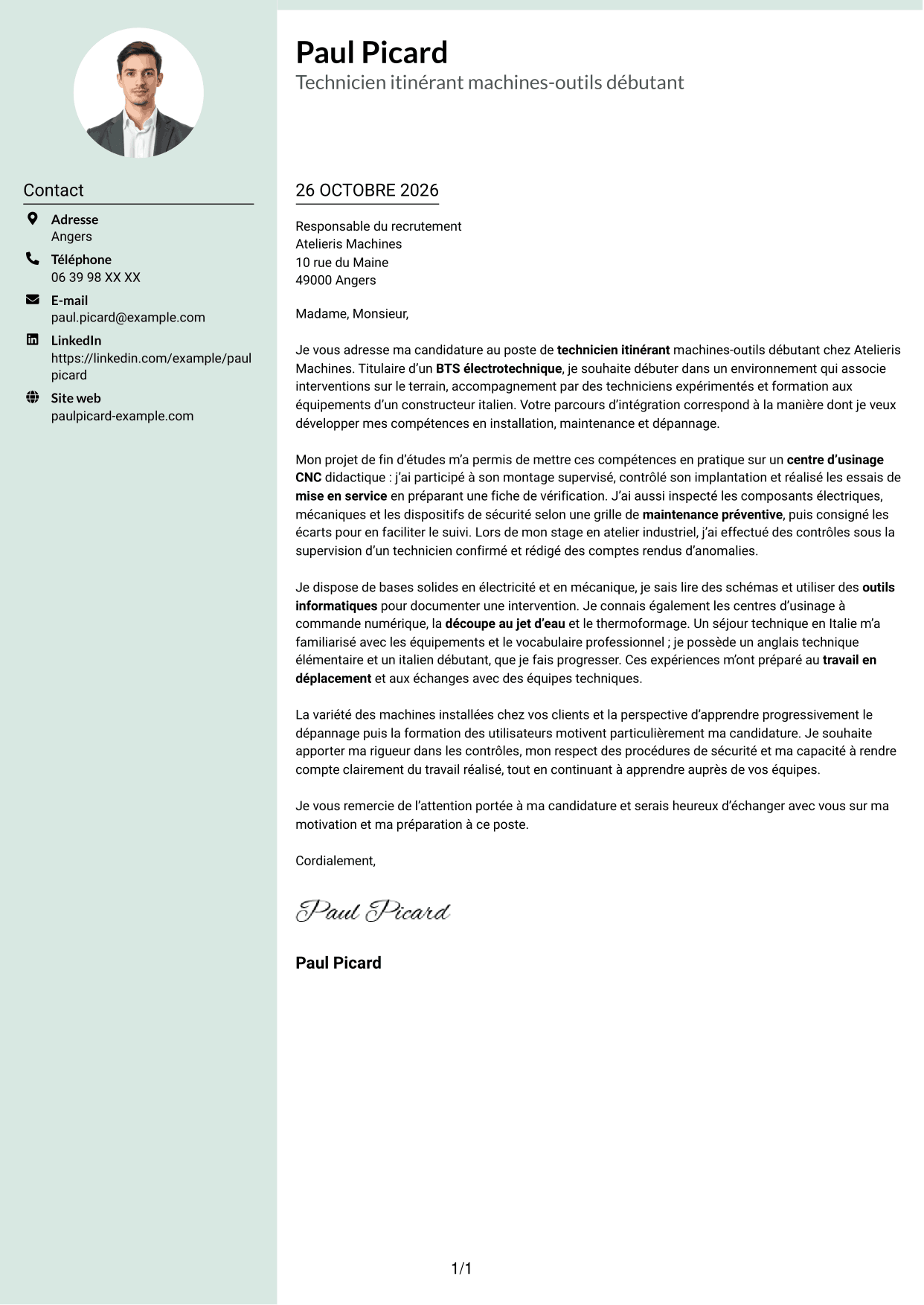 Lettre de motivation Cadre (format à colonne latérale douce avec photo arrondie) : Technicien itinérant machines-outils débutant, page 1