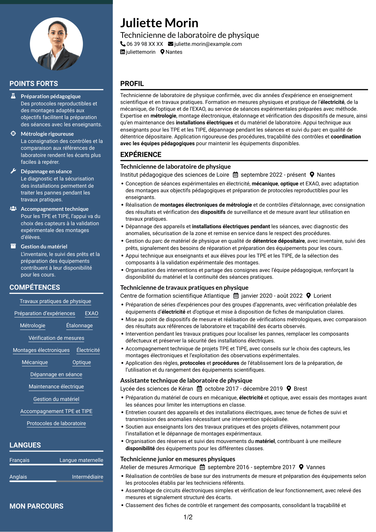 CV Élégant (format à colonne latérale colorée avec photo) : Technicien(ne) en physique de l’enseignement - Travaux pratiques et métrologie, page 1