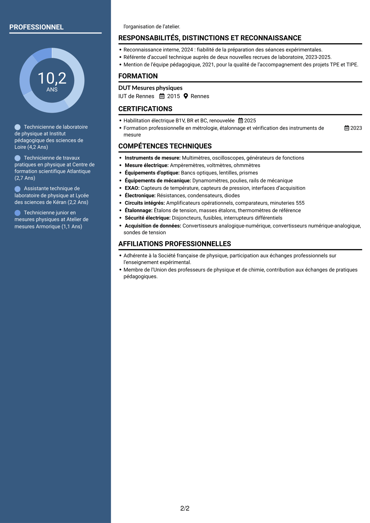 CV Élégant (format à colonne latérale colorée avec photo) : Technicien(ne) en physique de l’enseignement - Travaux pratiques et métrologie, page 2