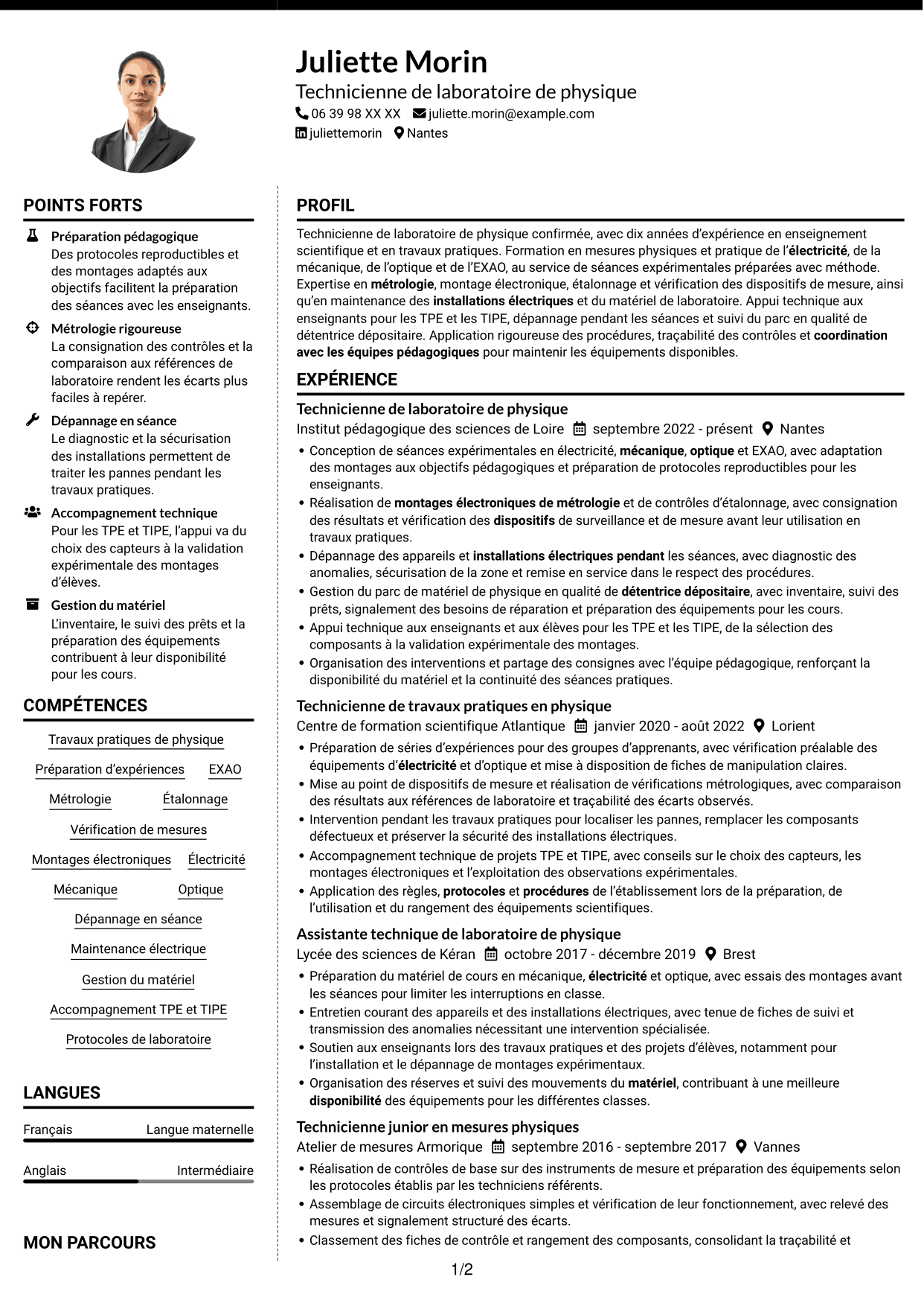 CV Moderne (format à deux colonnes avec photo à gauche et séparateur) : Technicien(ne) en physique de l’enseignement - Travaux pratiques et métrologie, page 1