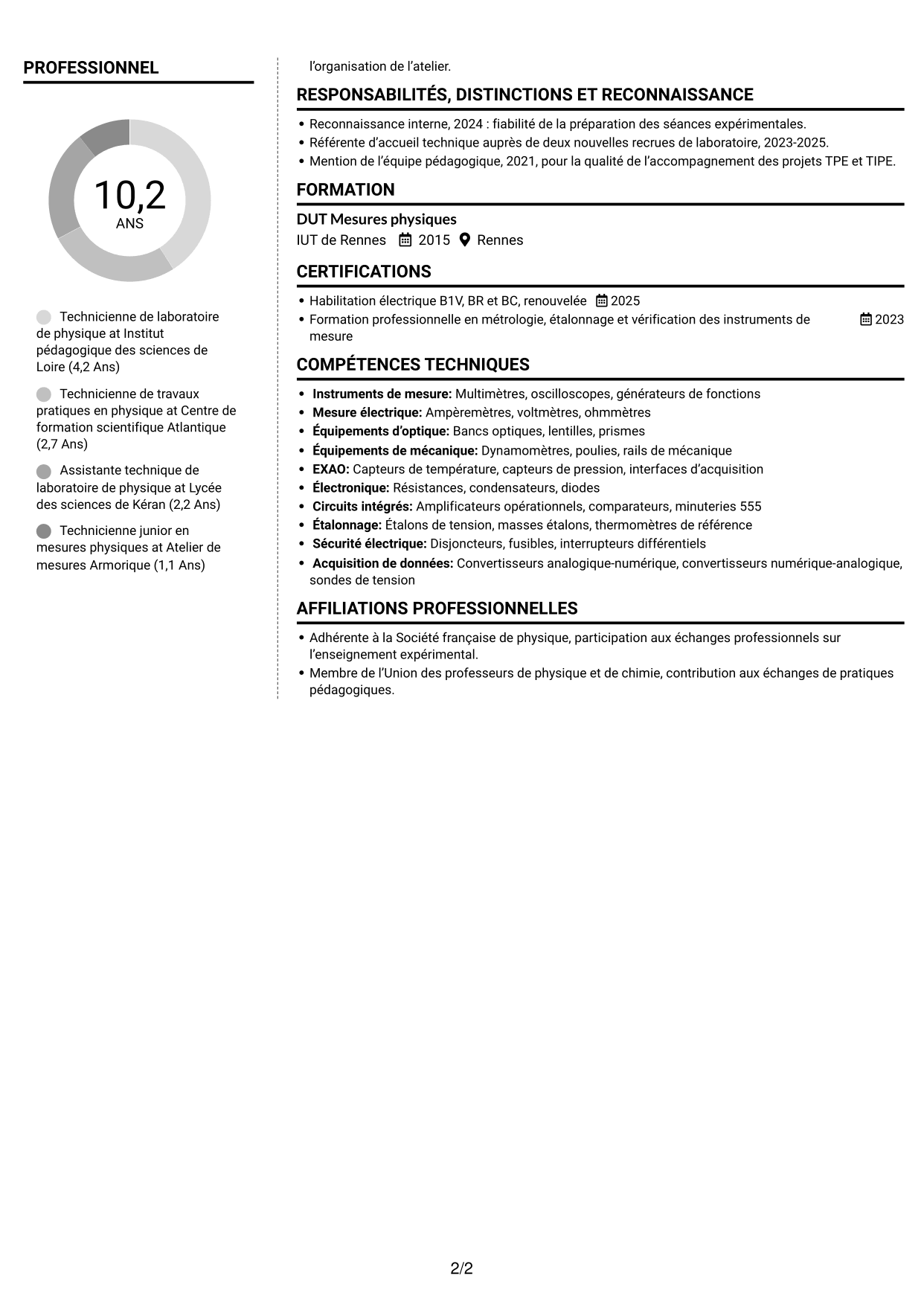 CV Moderne (format à deux colonnes avec photo à gauche et séparateur) : Technicien(ne) en physique de l’enseignement - Travaux pratiques et métrologie, page 2