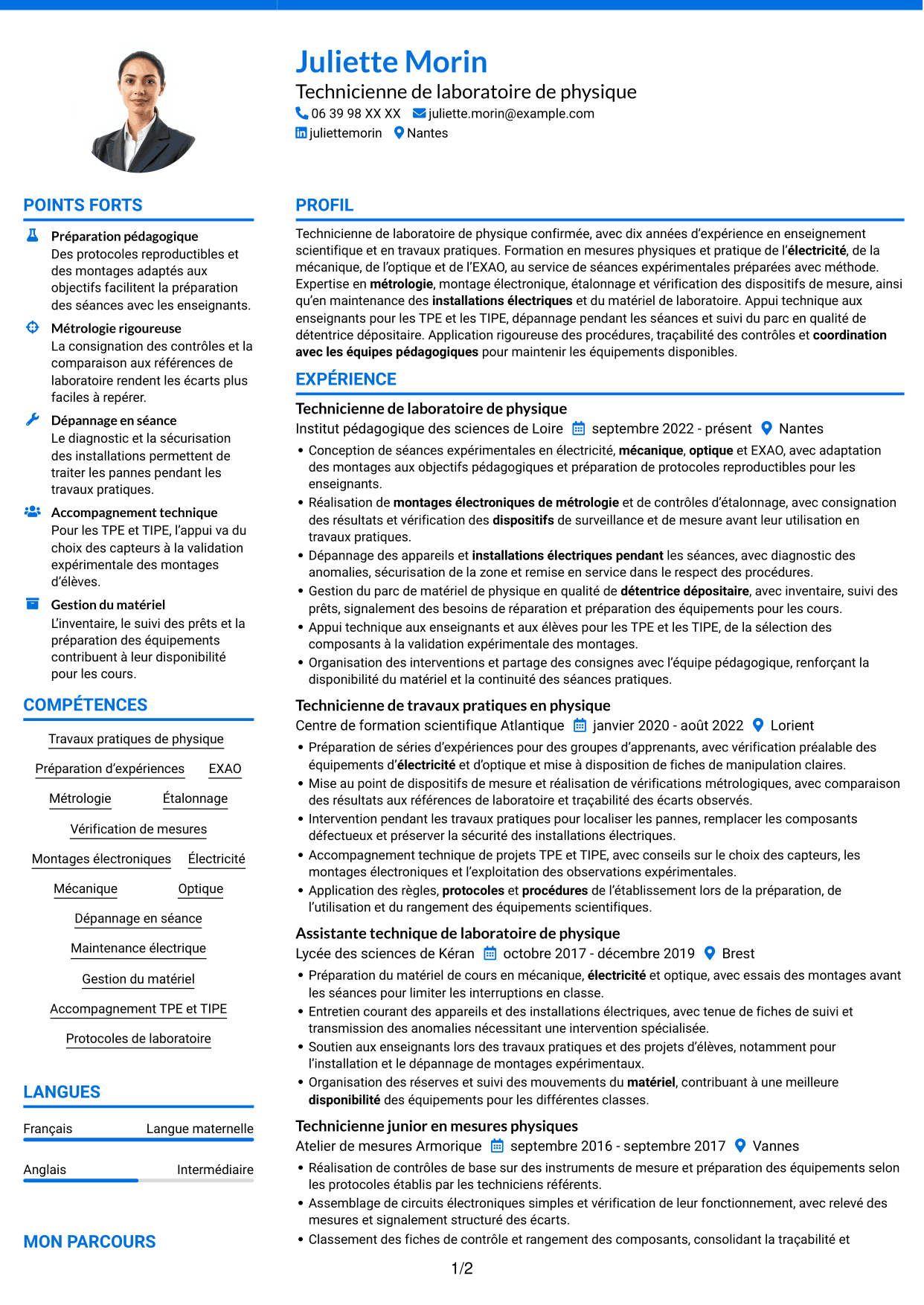 CV Audacieux (format à deux colonnes avec accents colorés et photo) : Technicien(ne) en physique de l’enseignement - Travaux pratiques et métrologie, page 1