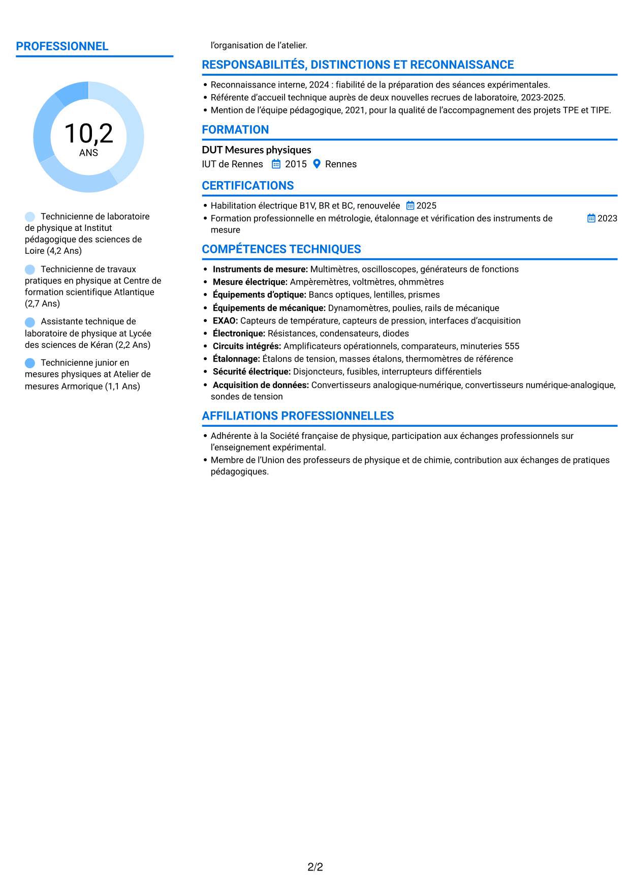 CV Audacieux (format à deux colonnes avec accents colorés et photo) : Technicien(ne) en physique de l’enseignement - Travaux pratiques et métrologie, page 2