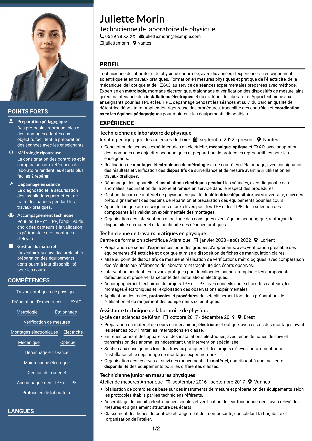 CV Signature (format à colonne latérale colorée avec grande photo) : Technicien(ne) en physique de l’enseignement - Travaux pratiques et métrologie, page 1