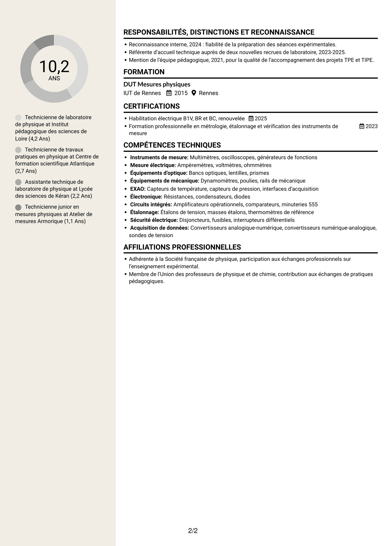 CV Fonceur (format à deux colonnes avec en-tête centré sans photo) : Technicien(ne) en physique de l’enseignement - Travaux pratiques et métrologie, page 2
