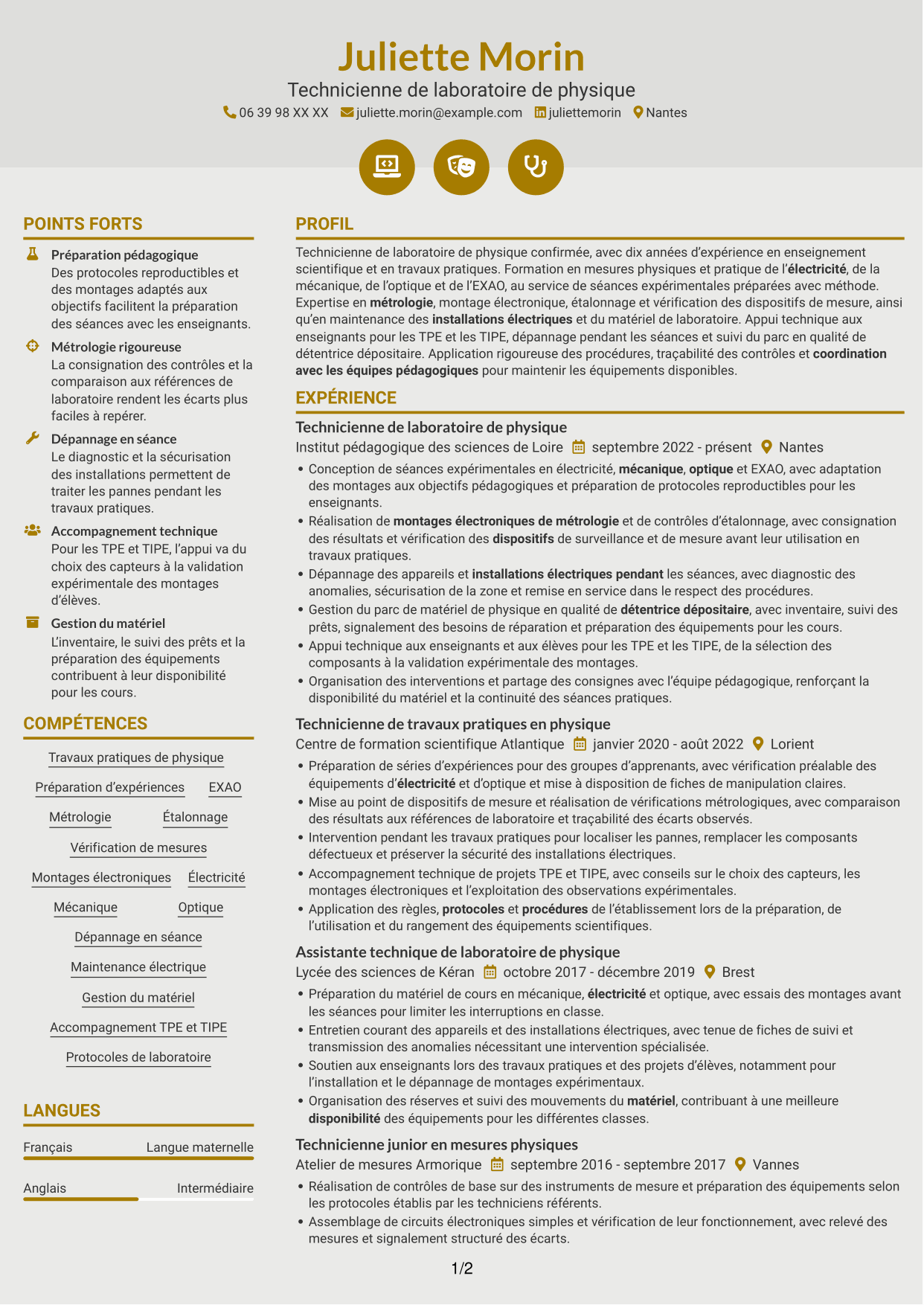 CV Dynamique (format à deux colonnes avec icônes) : Technicien(ne) en physique de l’enseignement - Travaux pratiques et métrologie, page 1