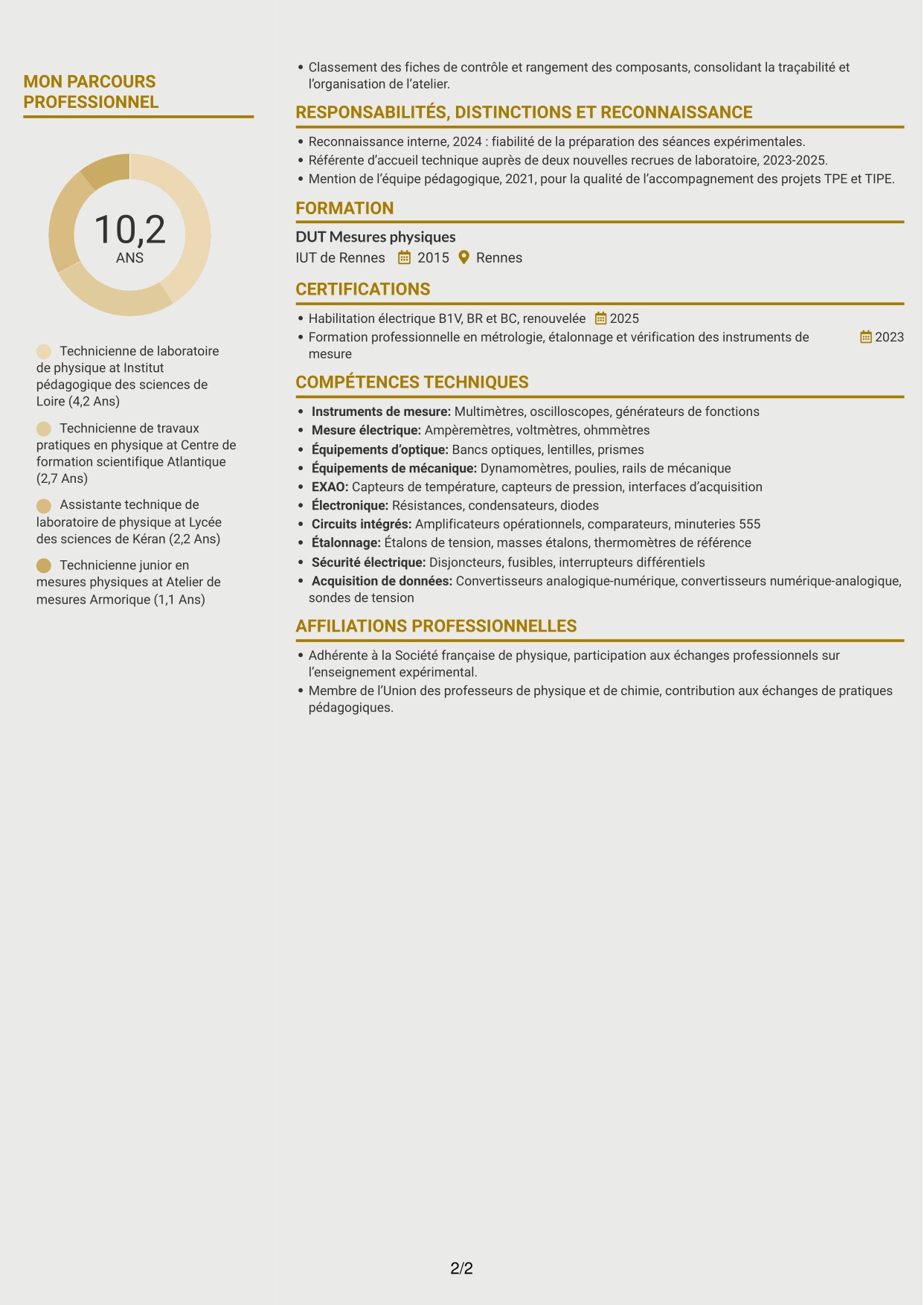 CV Dynamique (format à deux colonnes avec icônes) : Technicien(ne) en physique de l’enseignement - Travaux pratiques et métrologie, page 2
