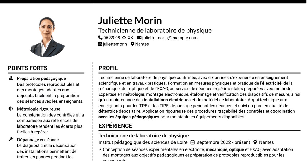 7 modèles de CV pour Technicien(ne) en physique de l’enseignement - Travaux pratiques et métrologie, avec exemples