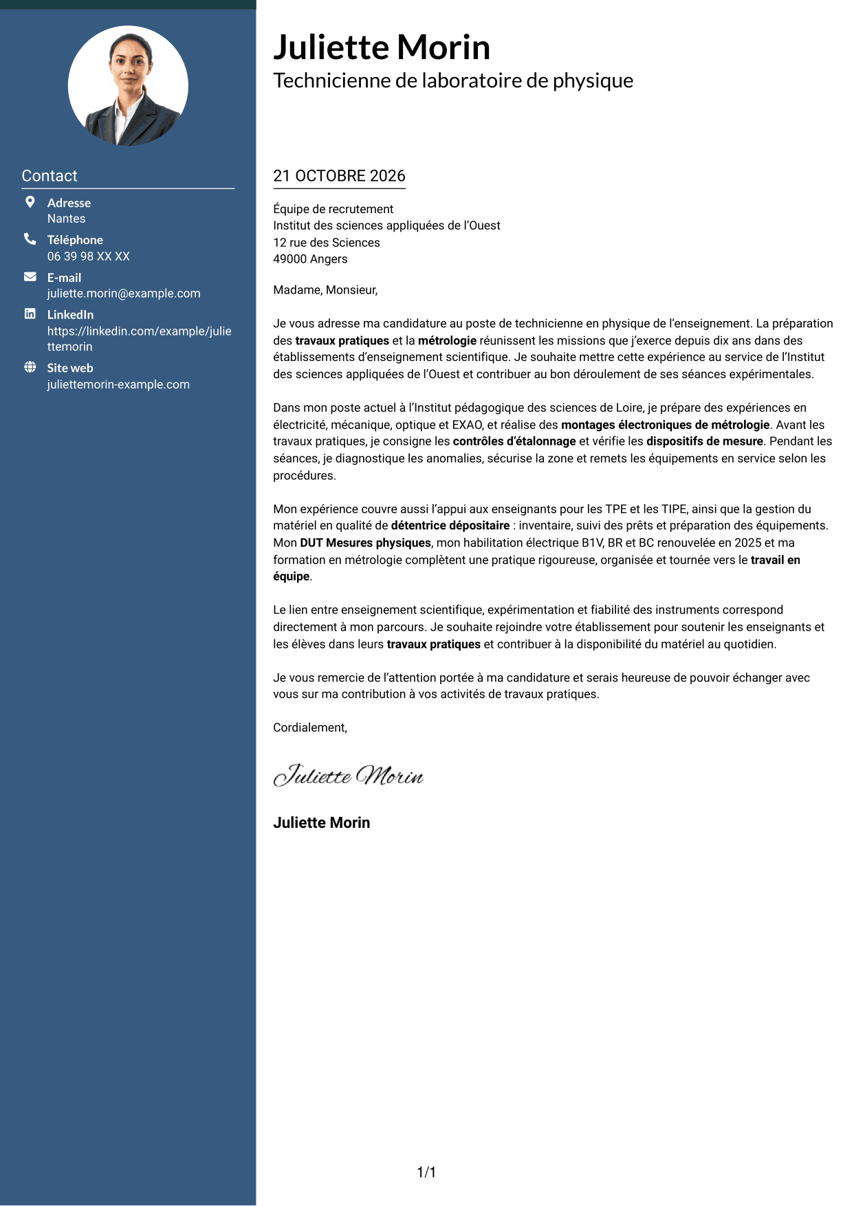 Lettre de motivation Élégant (format à colonne latérale colorée avec photo) : Technicien(ne) en physique de l’enseignement - Travaux pratiques et métrologie, page 1